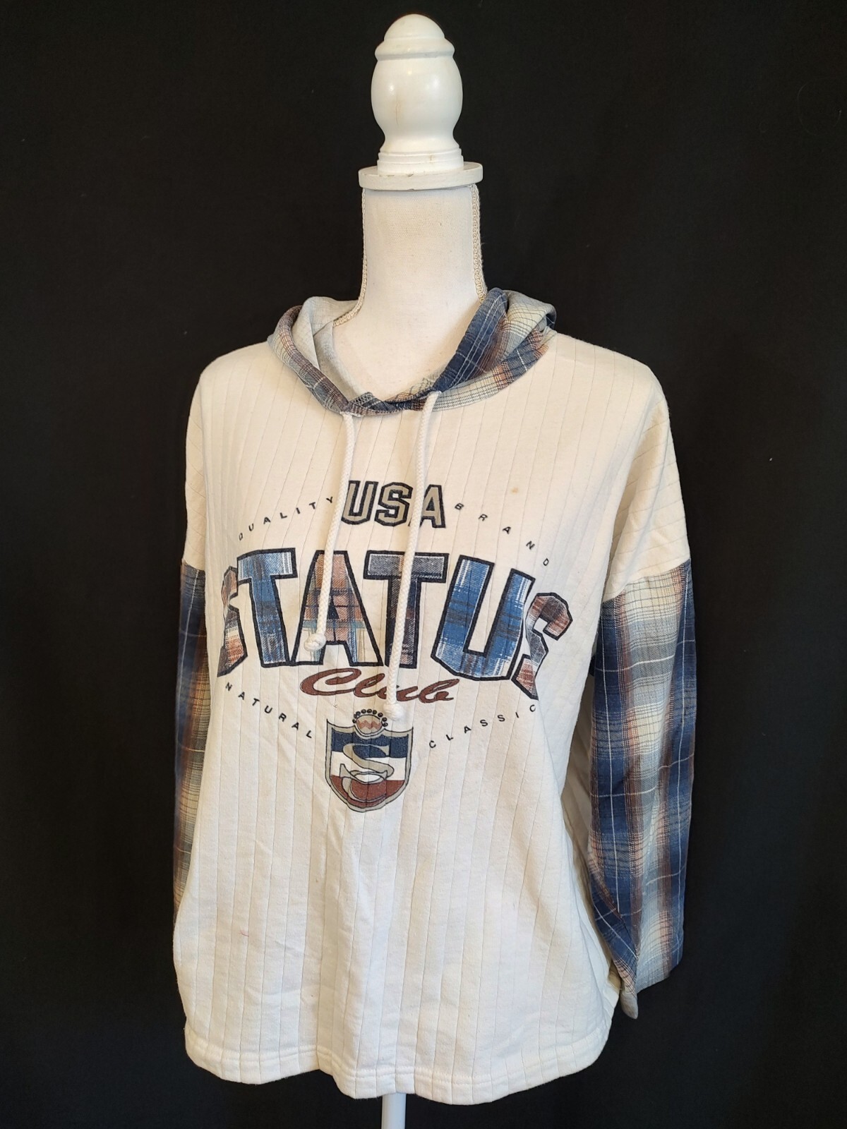 90’s Vintage Hoodie Shirt Grunge Plaid Sleeve USA Status Club Chest Graphic L/XL
