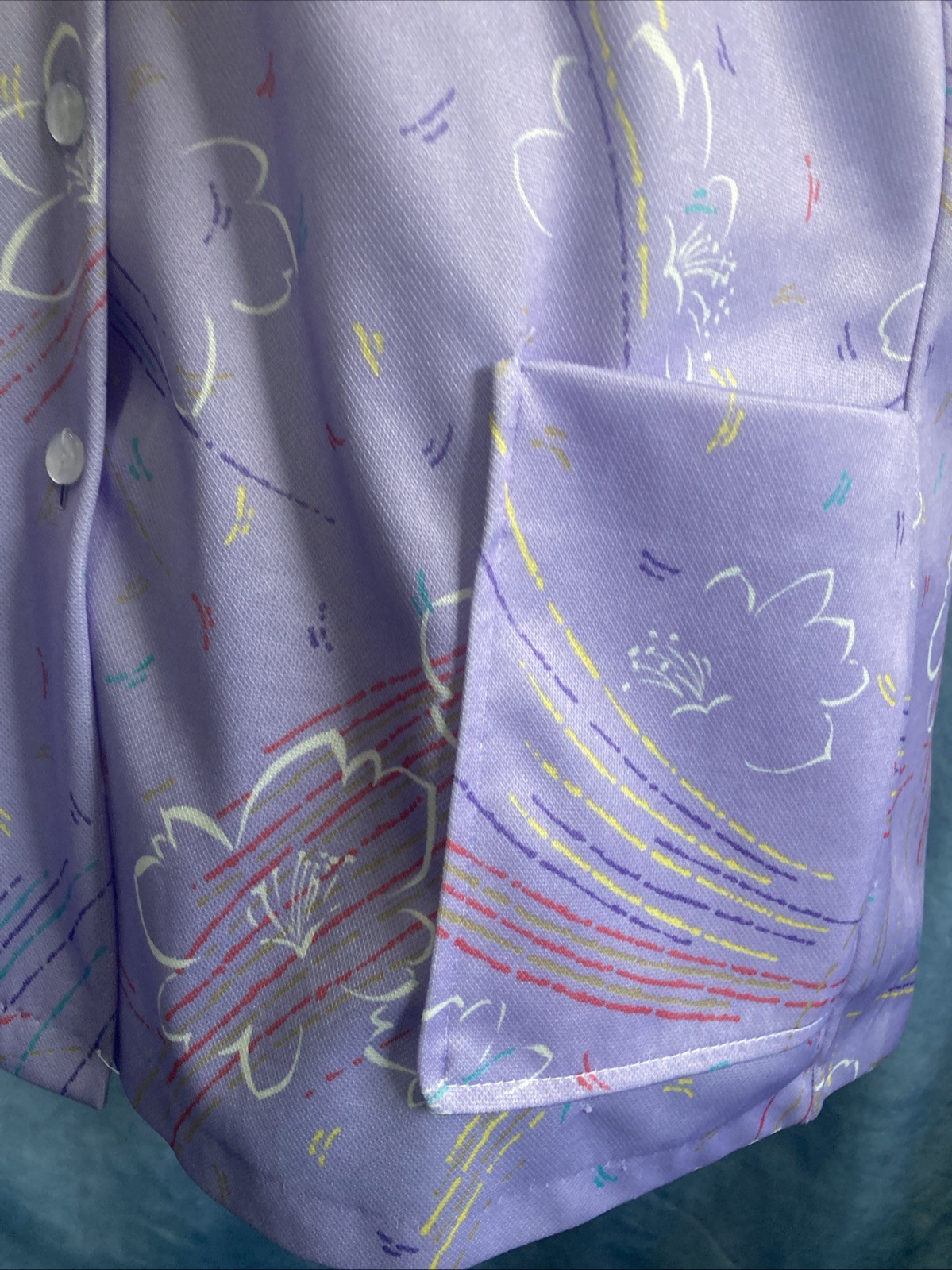Vintage 70s Purple Abstract Floral Smock Blouse Sleeveless Polyester GUC Size L