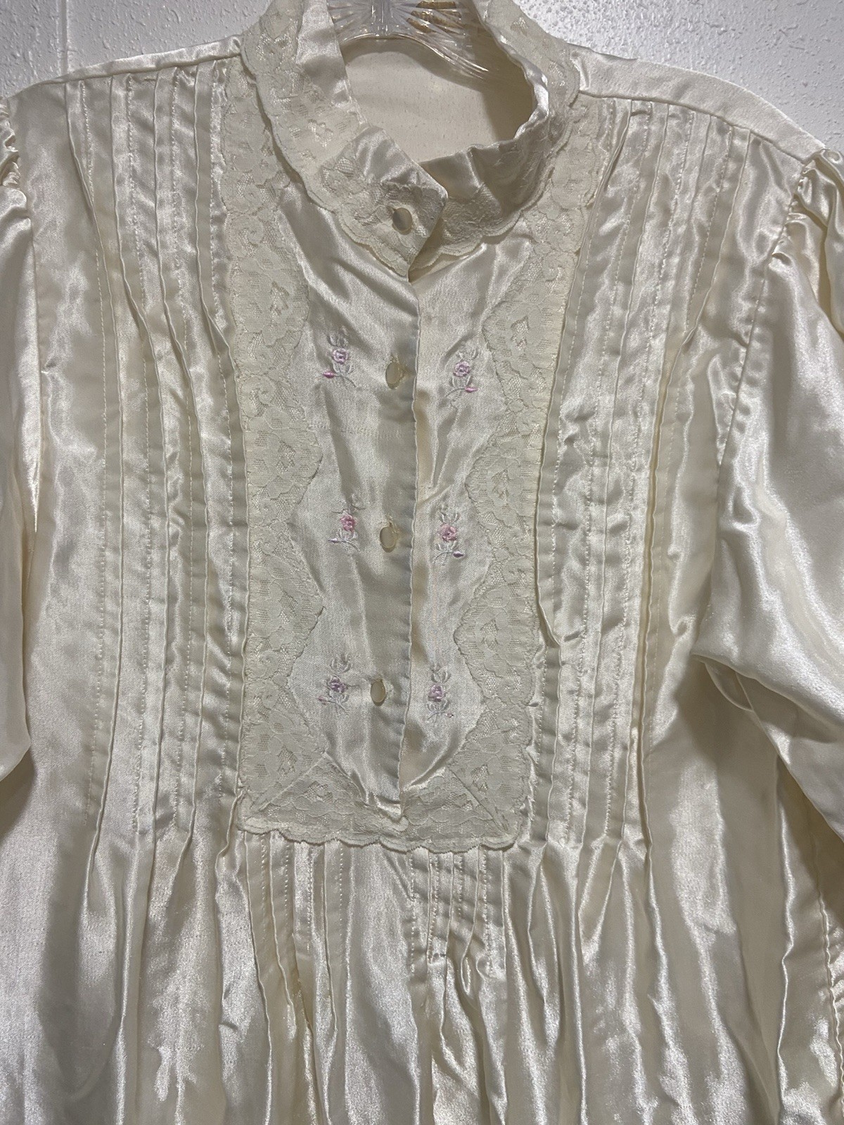 VTG Barbizon M Nightgown Ivory Long Silky Satin Lace Flannel Lined Embroidered