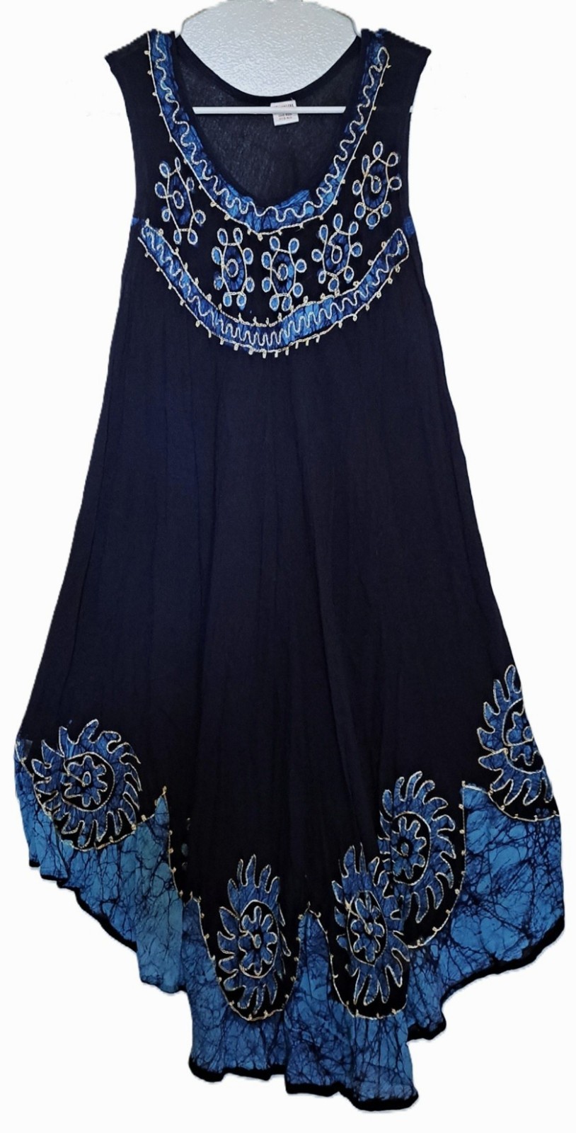 70s Navy Blue Gauze Bohemian Hippie Dress w Applique 8
