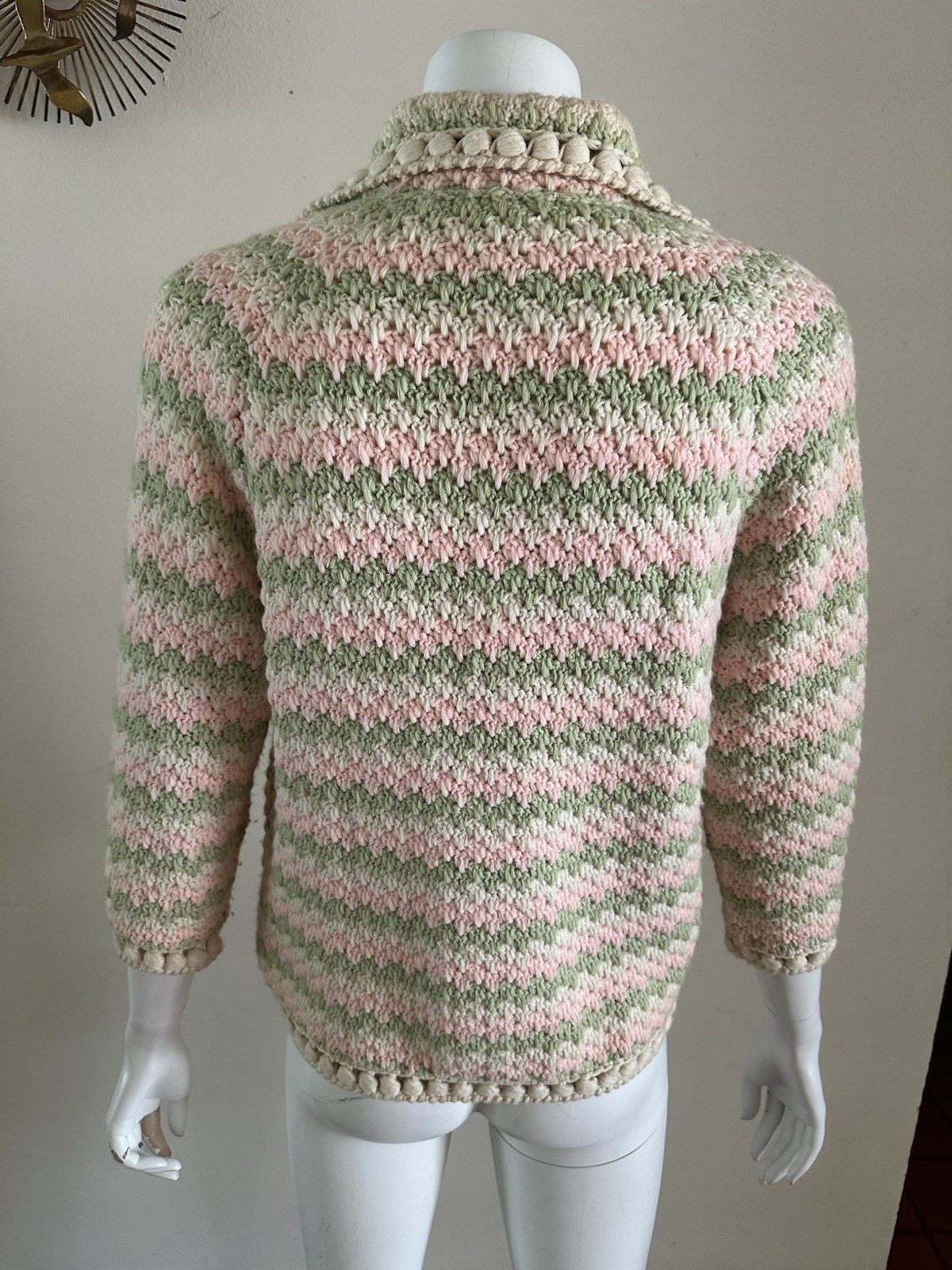 1960s Ilaria Italy Hand Knit Crochet Cardigan Popcorn Stitch Pink Green Sweater