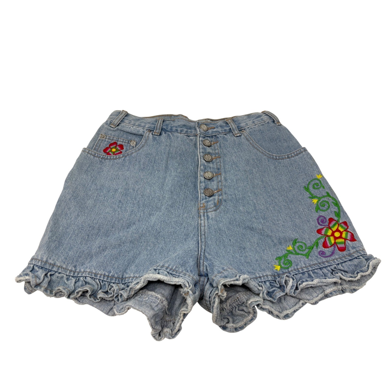 Vintage High Waist Ruffle Denim Shorts Floral Embroidery Size 9/10 No Excuses