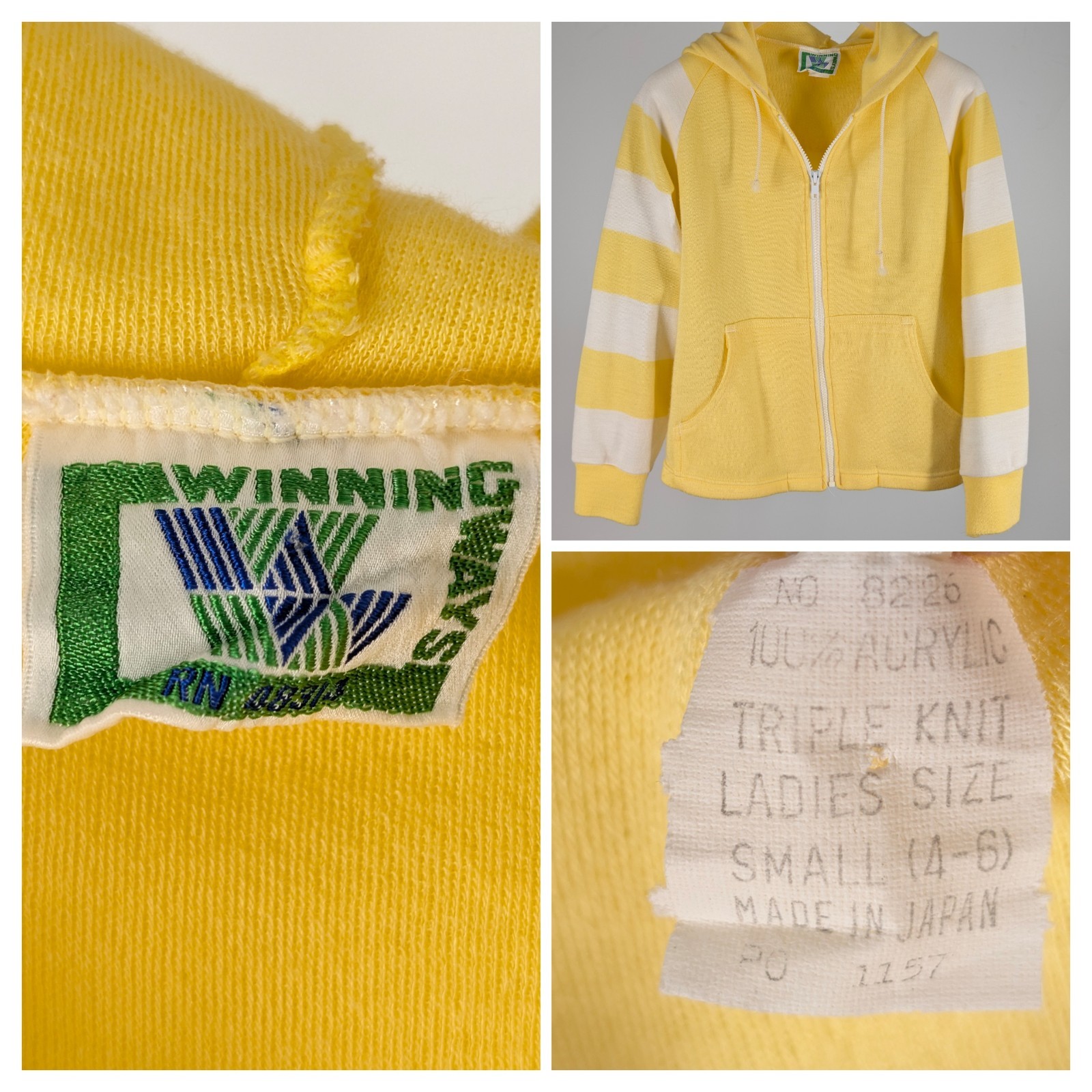 Vintage 70s Winning Ways Striped Sleeve Raglan Zip Up Hoodie Yellow Japan S