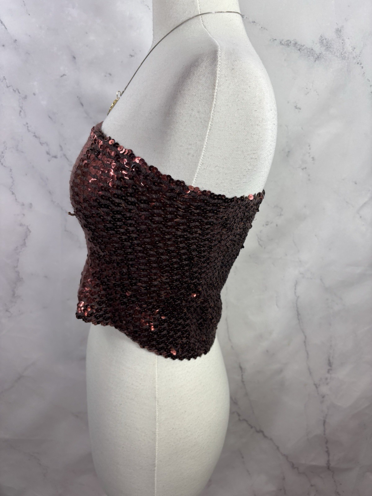 Vintage 1980s 90s Copper Brown Disco Sequin Tube Top Crop Top sz S USA Retro
