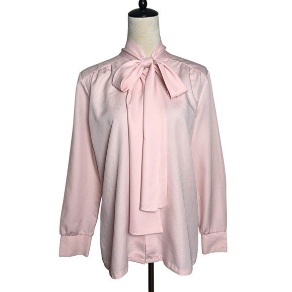 Vintage Ship’n Shore Pastel Pink Pussybow Blouse M | Modest Retro Office Top