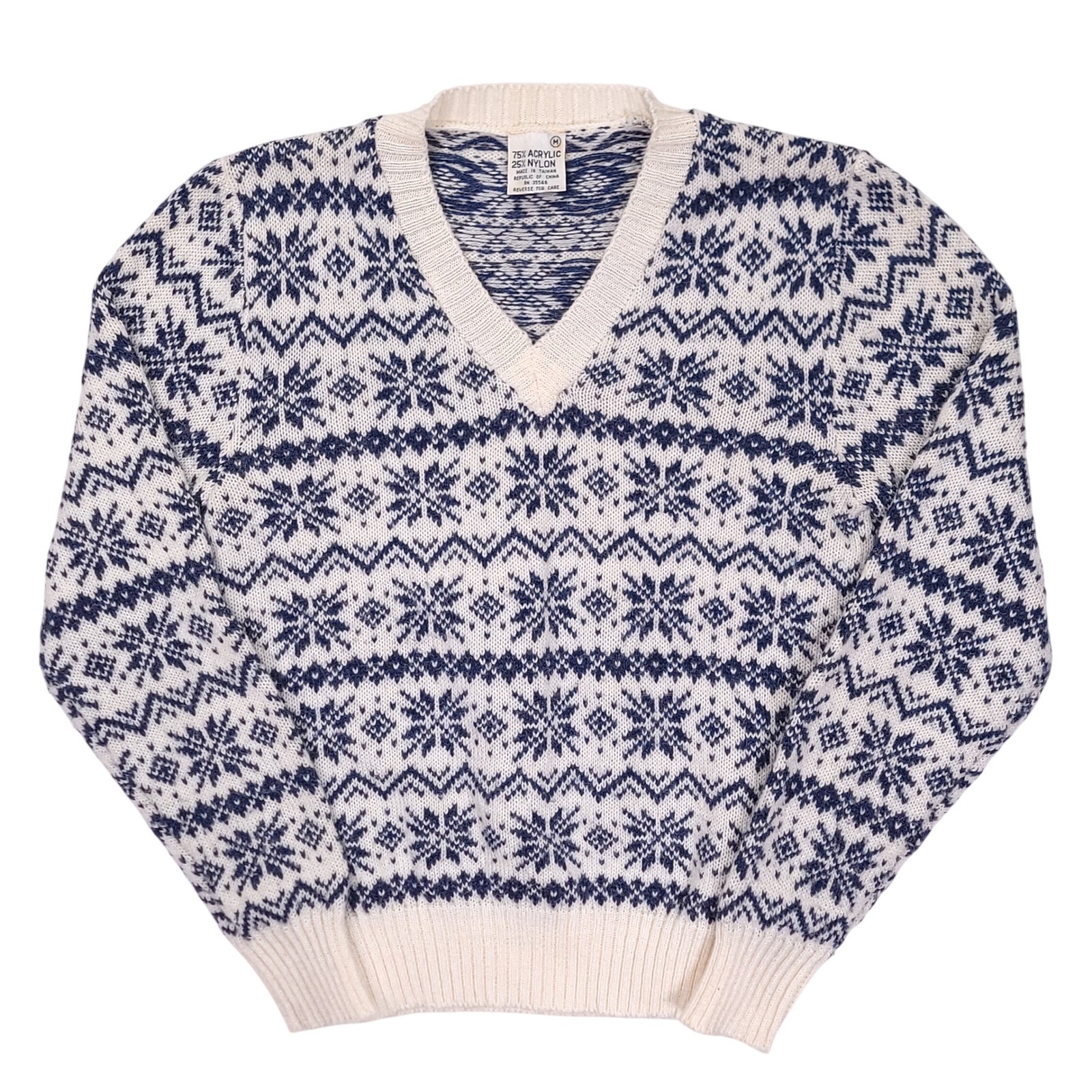 Vintage Fair Isle Snowflake V-Neck Sweater Navy White Juniors Medium RN 35546