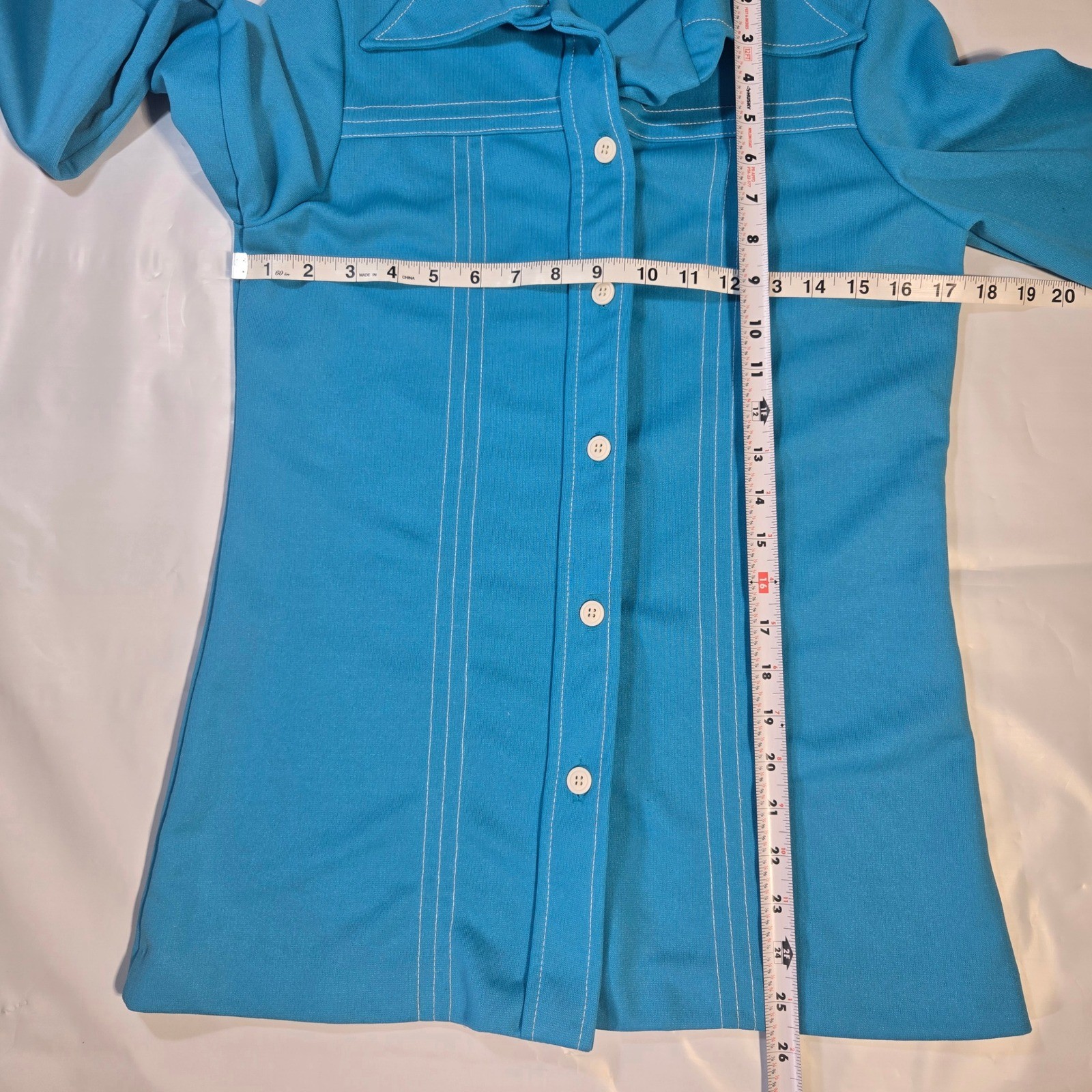 Vintage 70s Sears Turquoise Blue Knit Shirt Jacket White Contrast Stitch Disco M