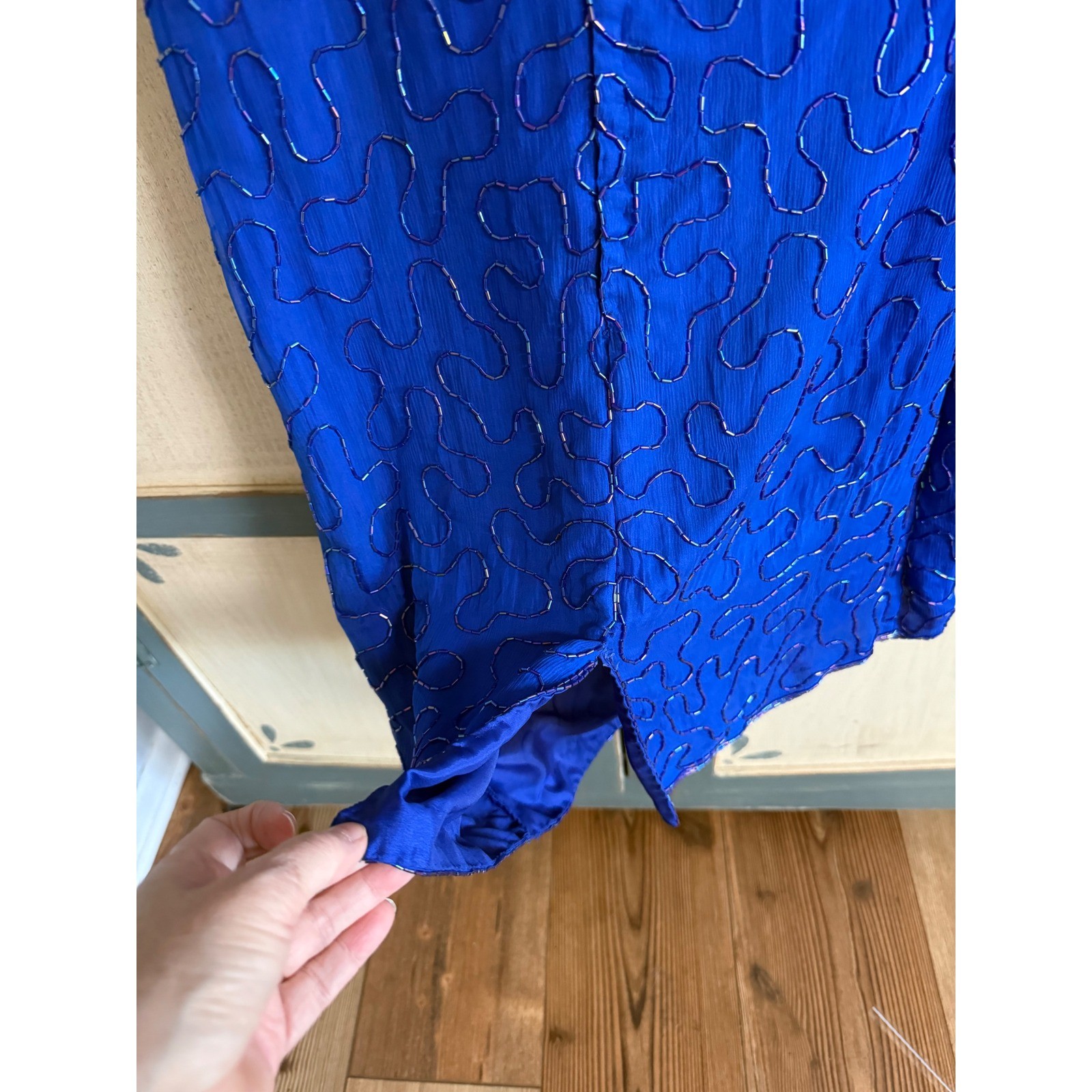 Sweelo Vintage Silk Beaded Sequin Dress Royal Blue Floral Cocktail L 10-12 Glam