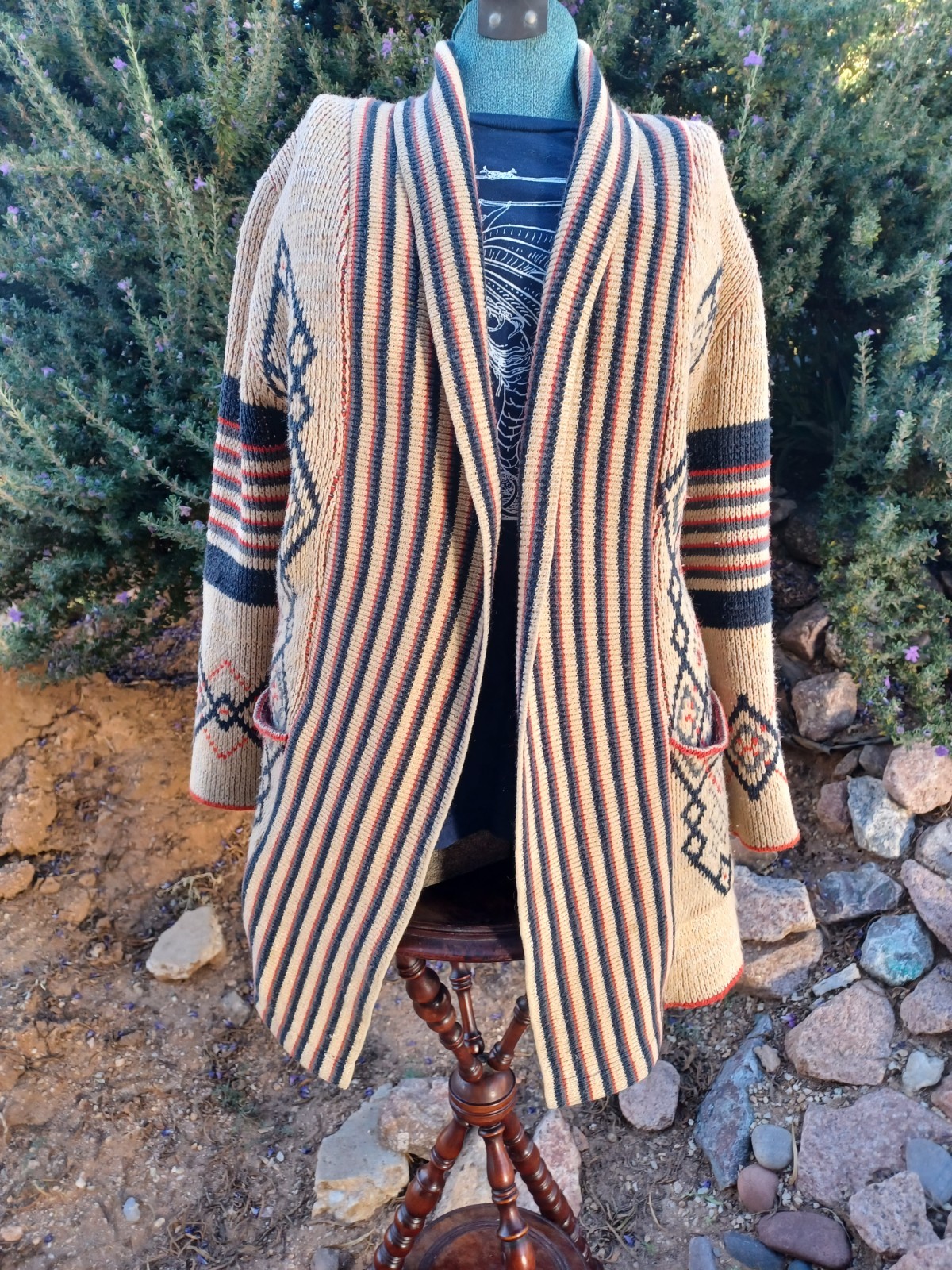 Vintage 70s Boho Geometric Pattern Shawl Collar Cardigan, Wintuck by Sabra