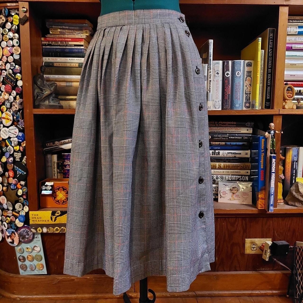 Vintage black, white, and red plaid midi skirt with side button detail