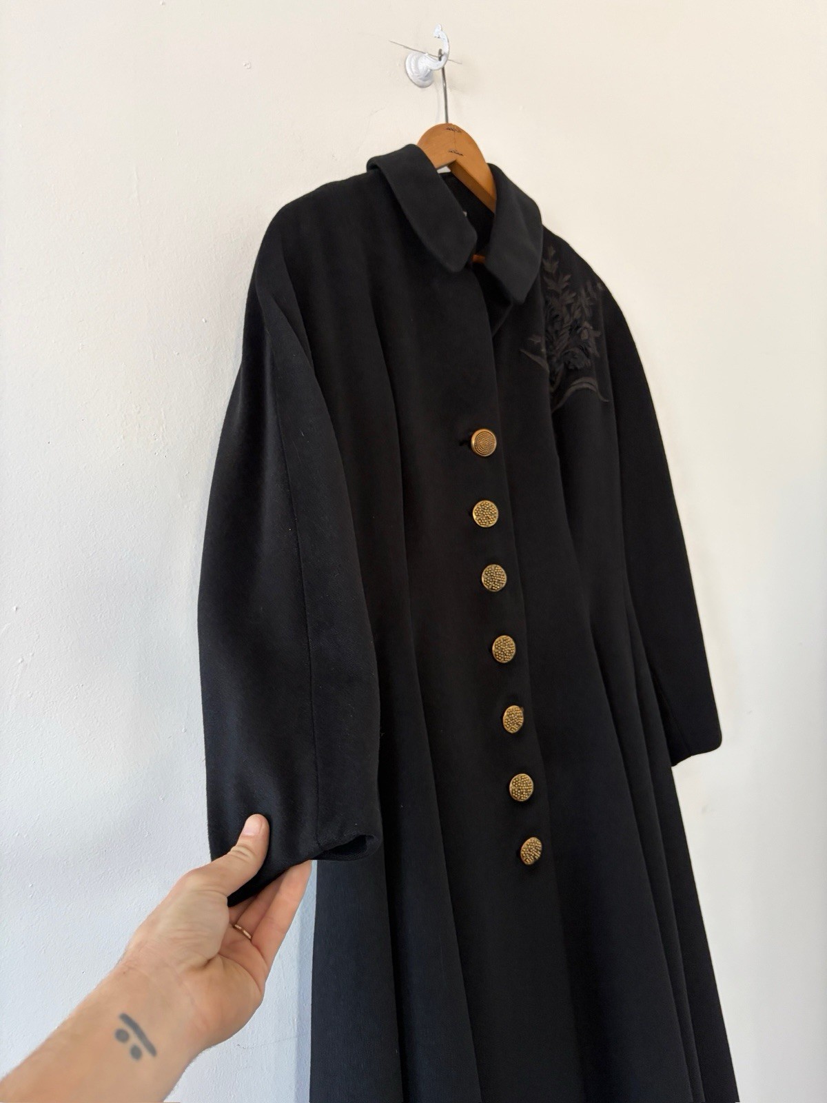 Vintage 1950s Black Wool Swing Coat Dress Princess Line Appliqué Formal New Look