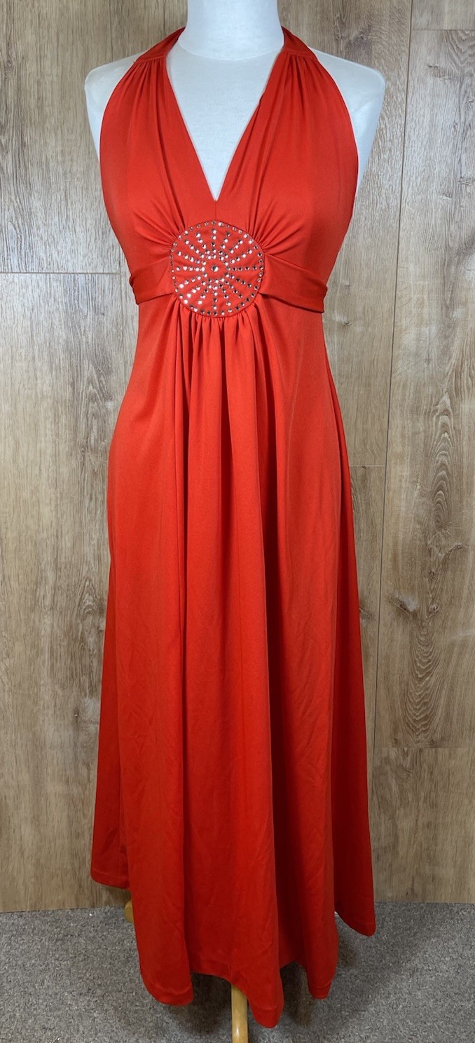 Vintage 1970’s Orange Red Halter Maxi Dress W Rhinestones As Is