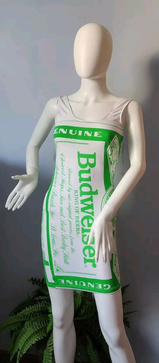 Rare Budweiser VTG Carabella Collections green & White Sleeveless Dress size 9