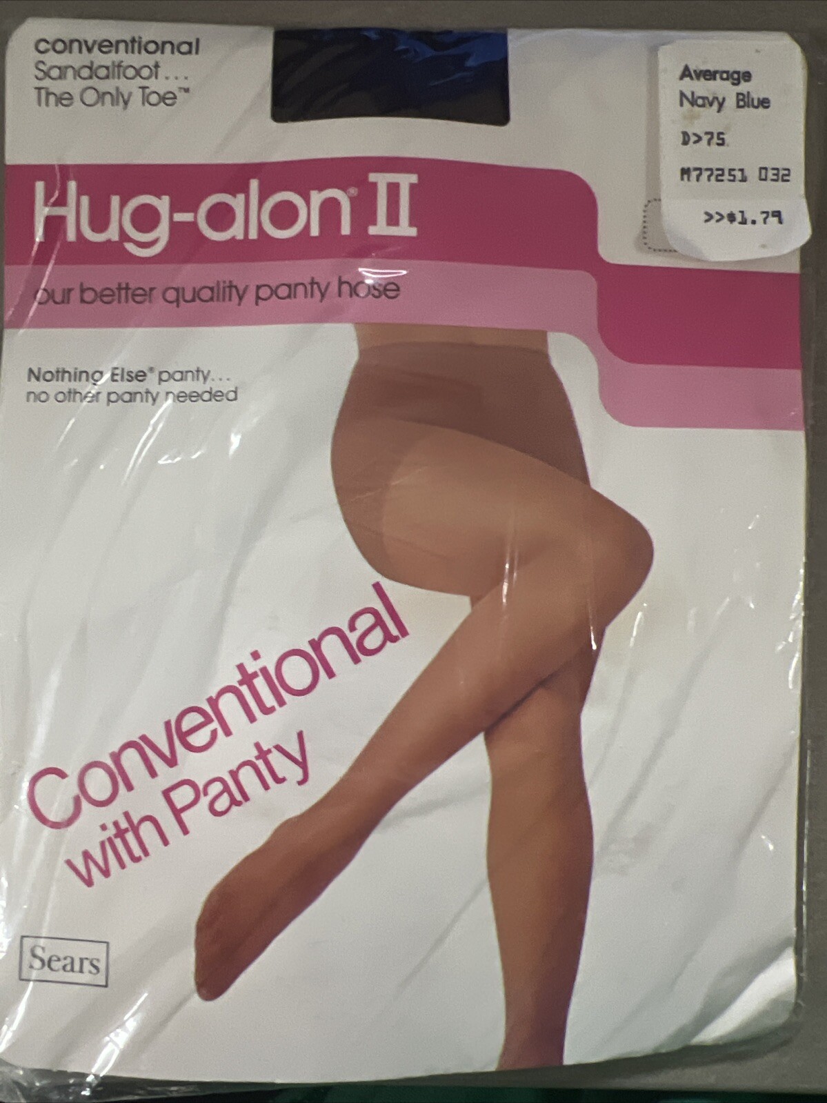Vintage New Sears Hug-Alon Pantyhose Conventional Sandal Toe Navy Blue Average