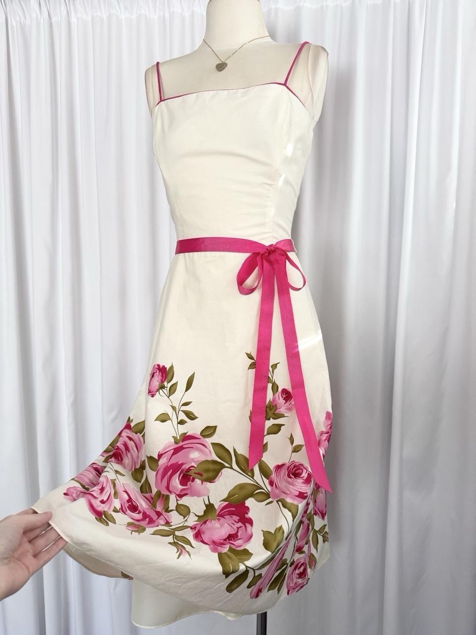 Vintage Y2K White Pink Rose Fairy Bow Slip Midi Dress Gown A Line Size Medium 10
