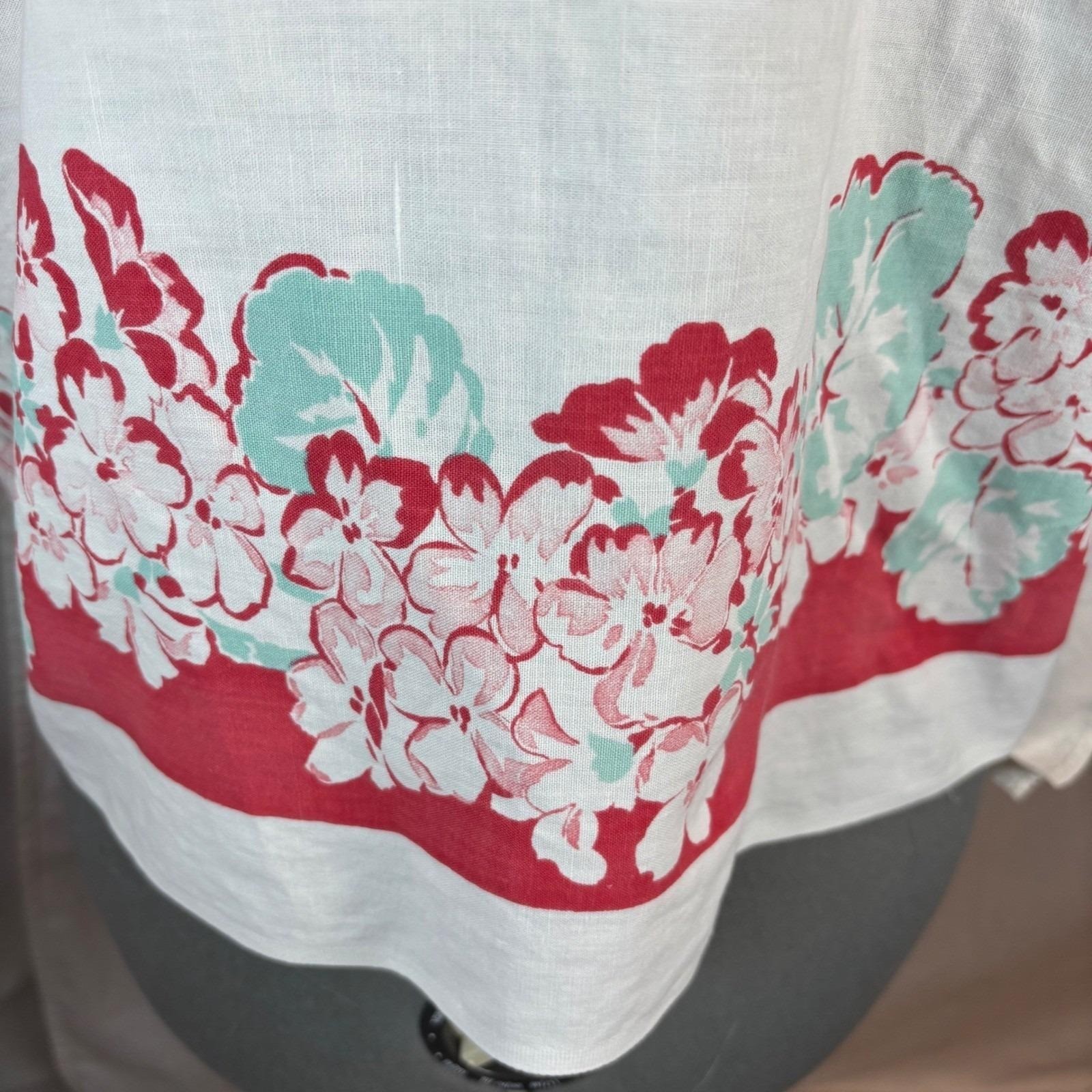 OS Plus Vintage Handmade Floral Tablecloth Caftan Top Red Wht Turquse Split Neck