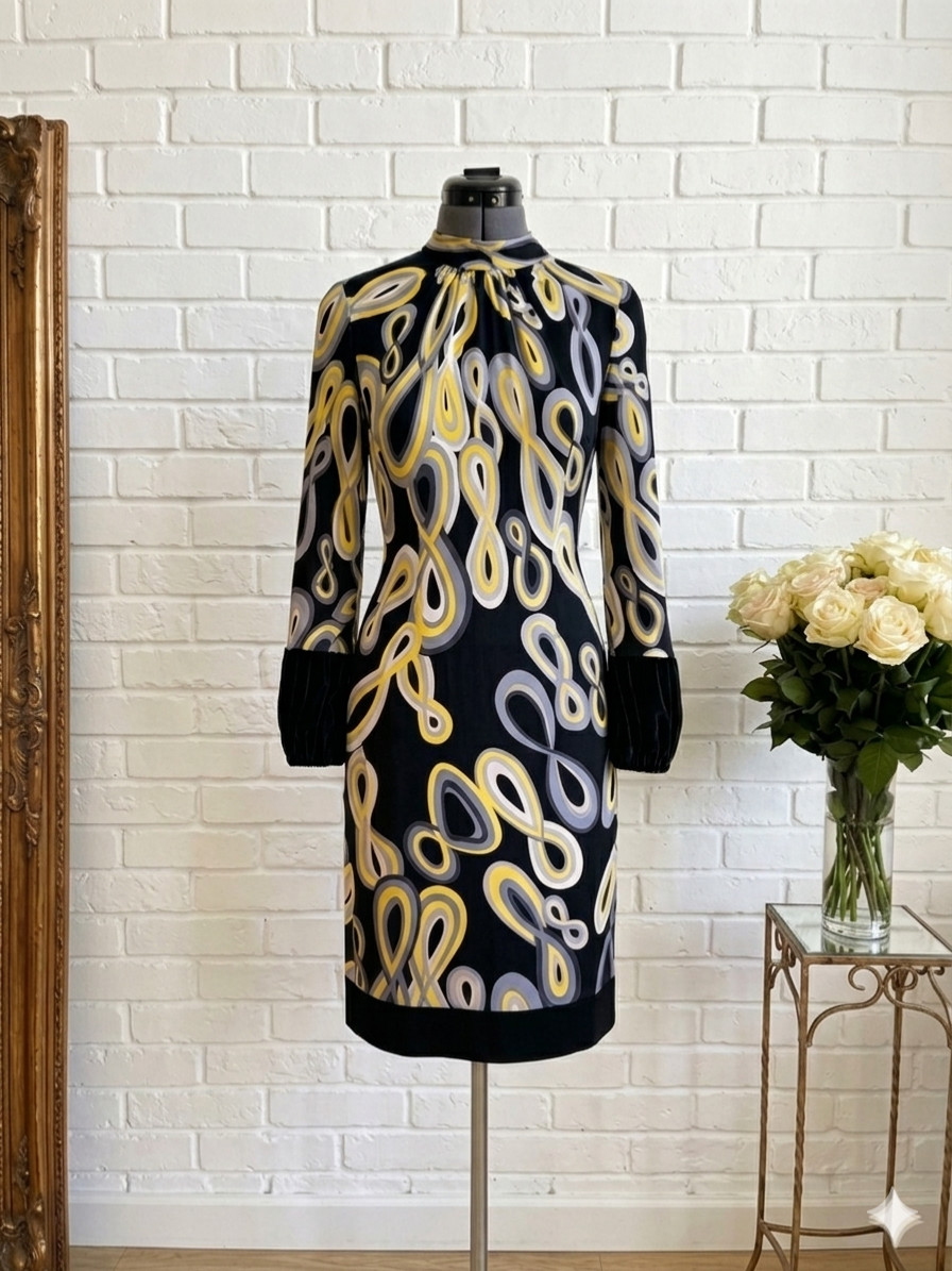 VINTAGE Jerome L’Huillier Paris 100% Silk Jersey Dress | Psychedelic| Size 40(M)