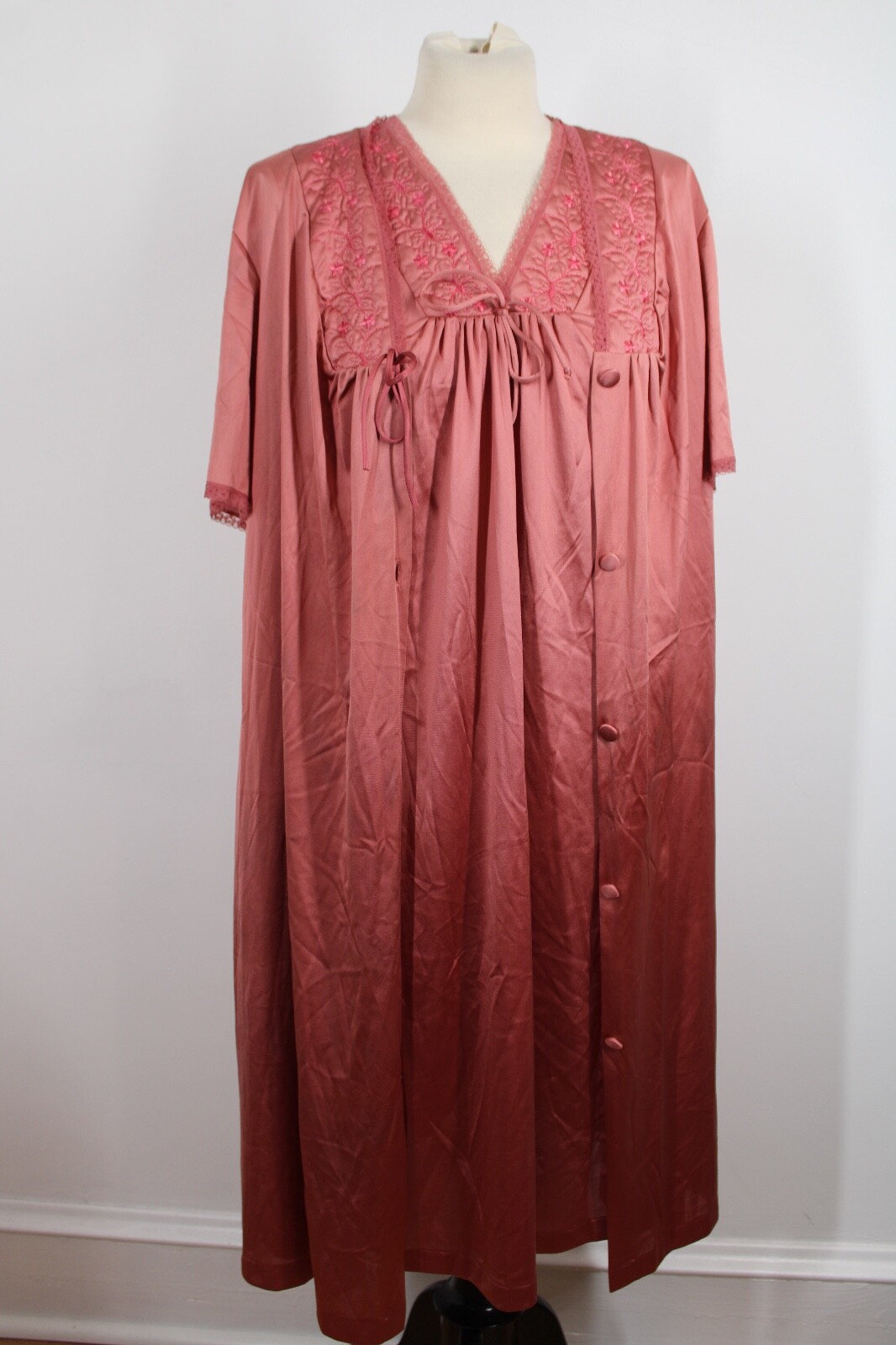 Vtg Vanity Fair L Dark Pink Nylon Antron Peignoir Robe Night Gown Set