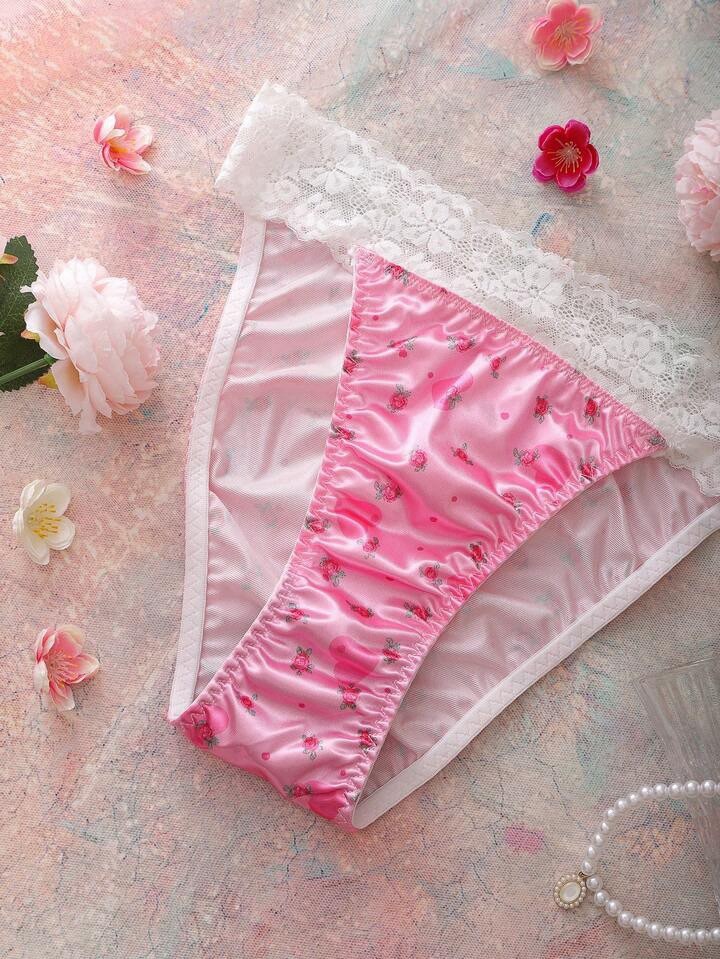 Glossy Pink Floral 2nd Skin Satin Lace Waistband Hi-Cut Rio Panties XL NEW
