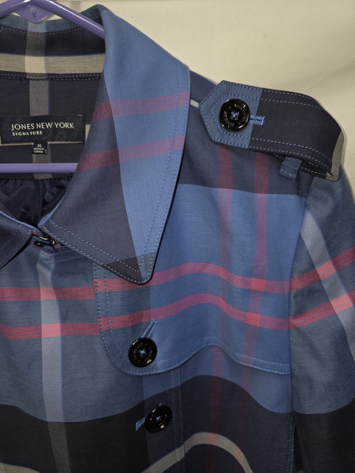 Vintage Jones New York Signature Blue Plaid Check Belted Trench Coat Size XL