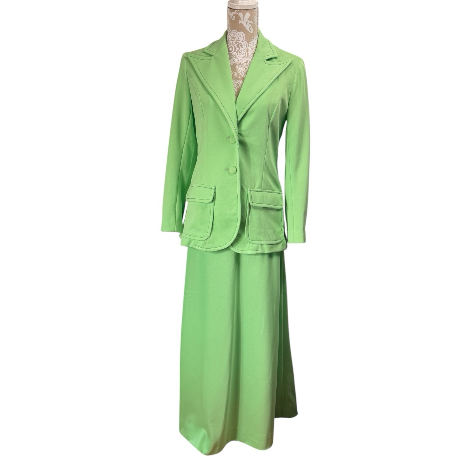 Vintage 70s Lime Green Leisure Suit Set Floor Length Maxi Skirt Jacket Small