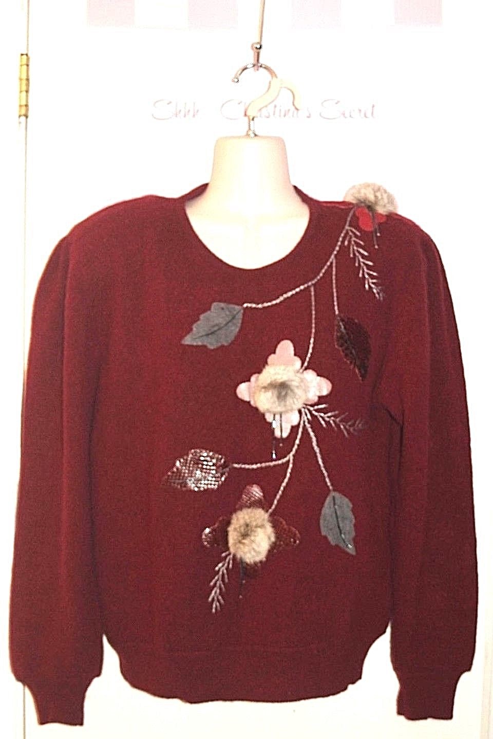 LONTHAR VINTAGE Angora Sweater Chinchilla Appliqués Work of Art Sz L/XL *VG-EXC