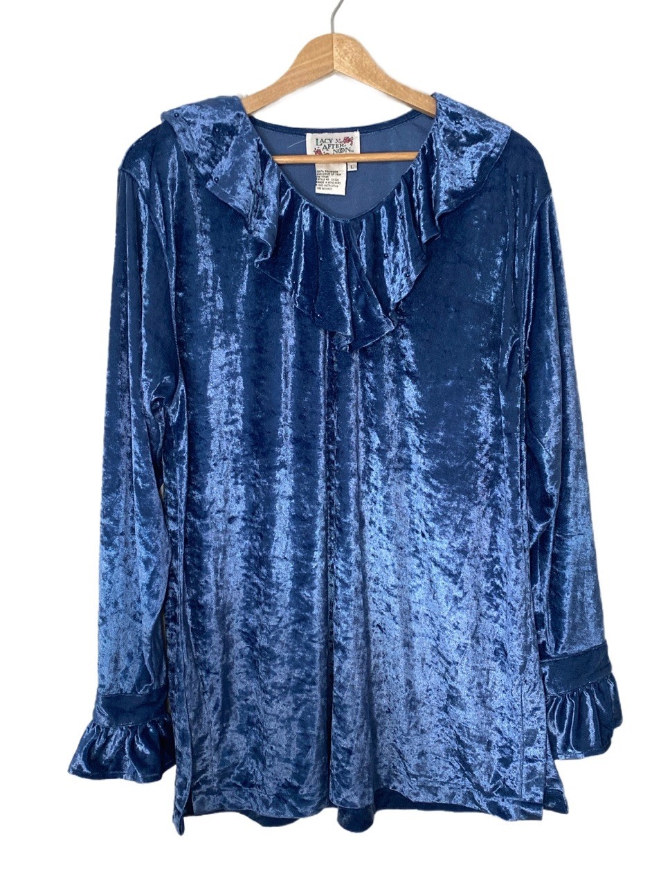 Lacy After Noon Vintage Crushed Blue Velvet Ruffled Long Sleeve Blouse Beaded L