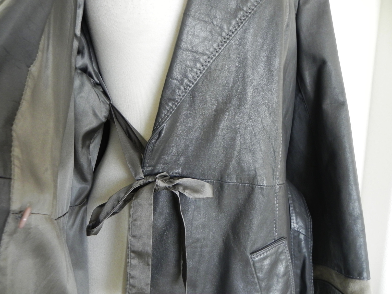 The Tannery Montgomery Ward Leather Overcoat Pockets Gray Midi Belted Size M