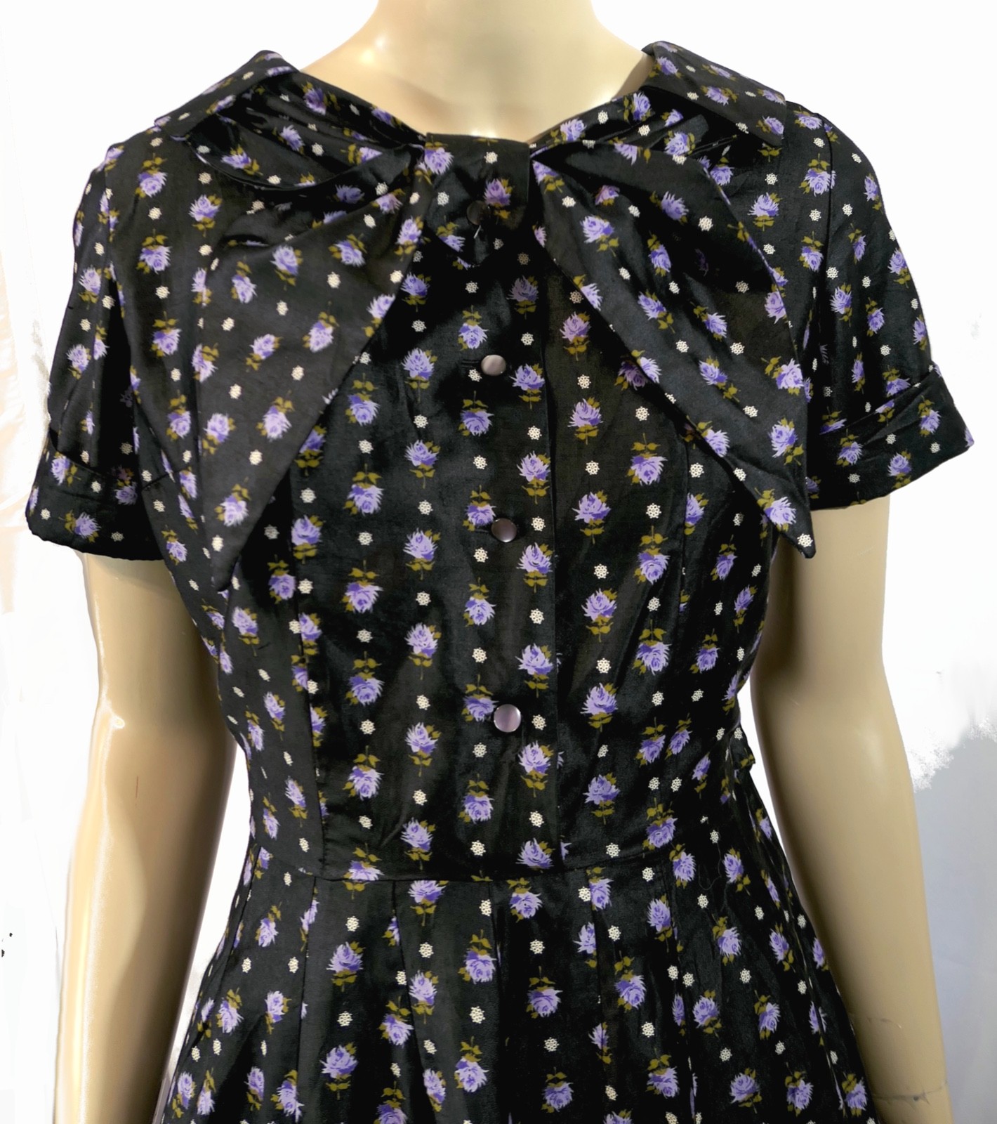 Vintage 50s Rockabilly Handmade Black Lavender Cotton Ascot Dress A Line Full M