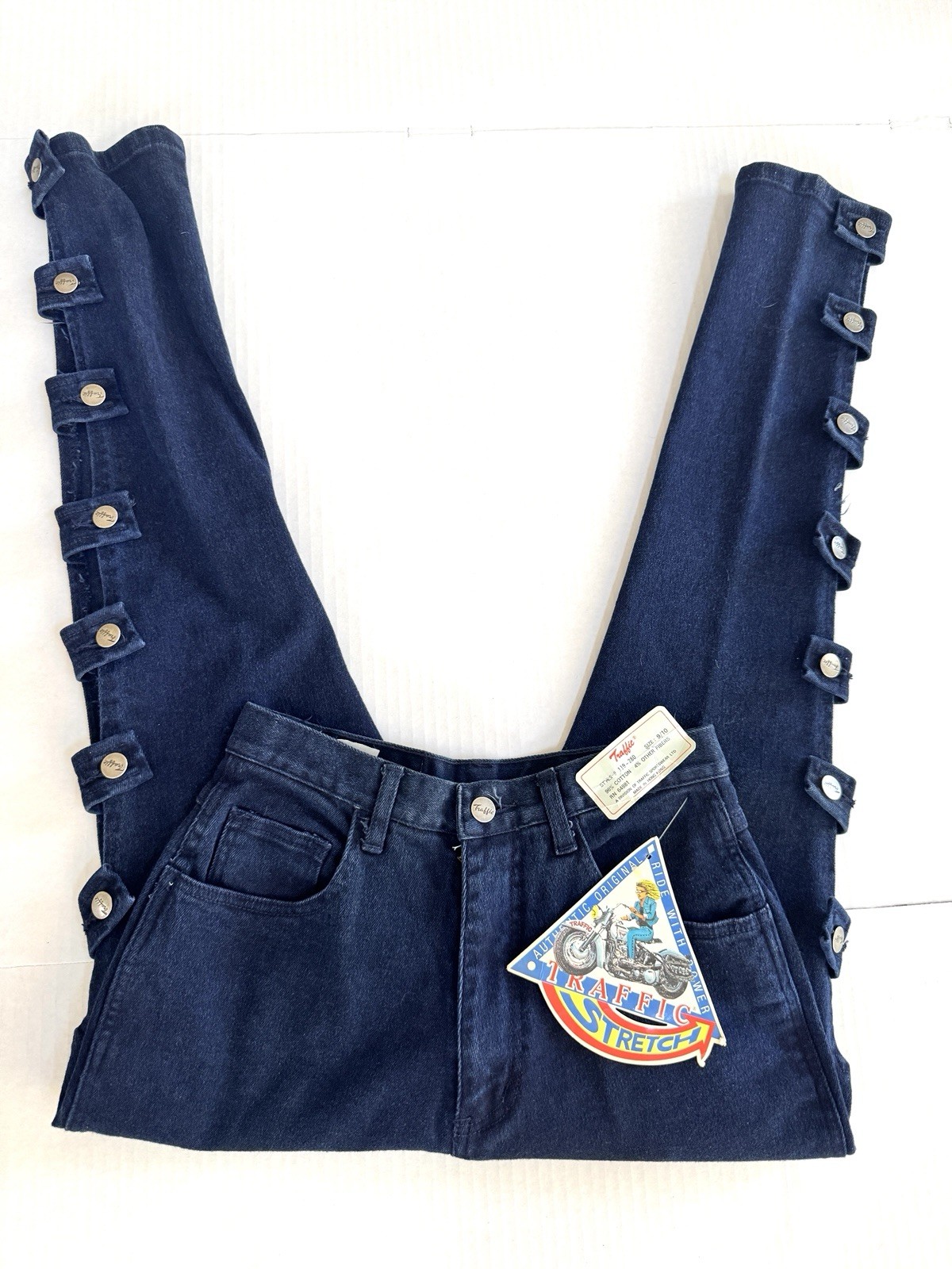 NWT 1980s VTG TRAFFIC Cutout Ladder Strap Rock Band Chick Dark Blue Jeans 9/10