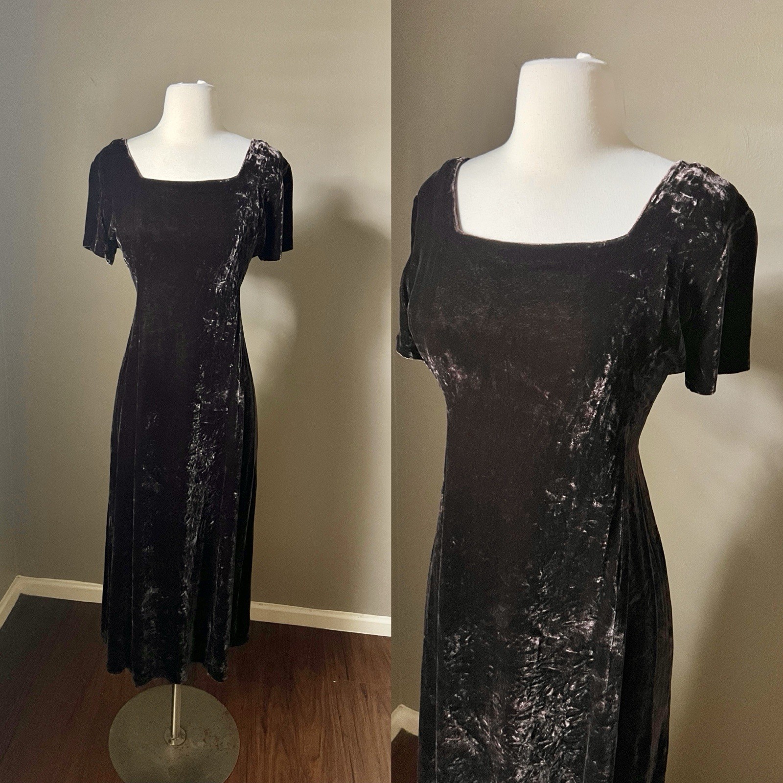 Vintage Y2K 90s Maxi Dress Size 8 Brown Crushed Velvet Silk Rayon Square Neck