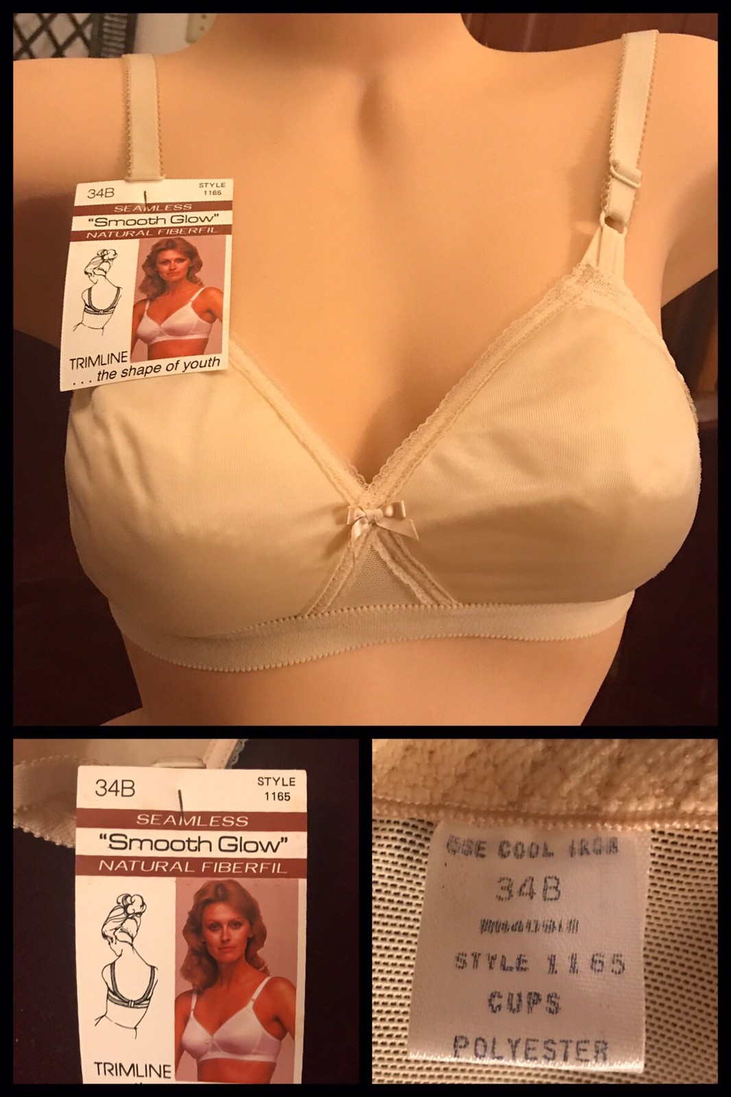 Vintage Bra Smooth Nylon Beige Nude Polyester Adjustable Lycra 1970s NEW 34B