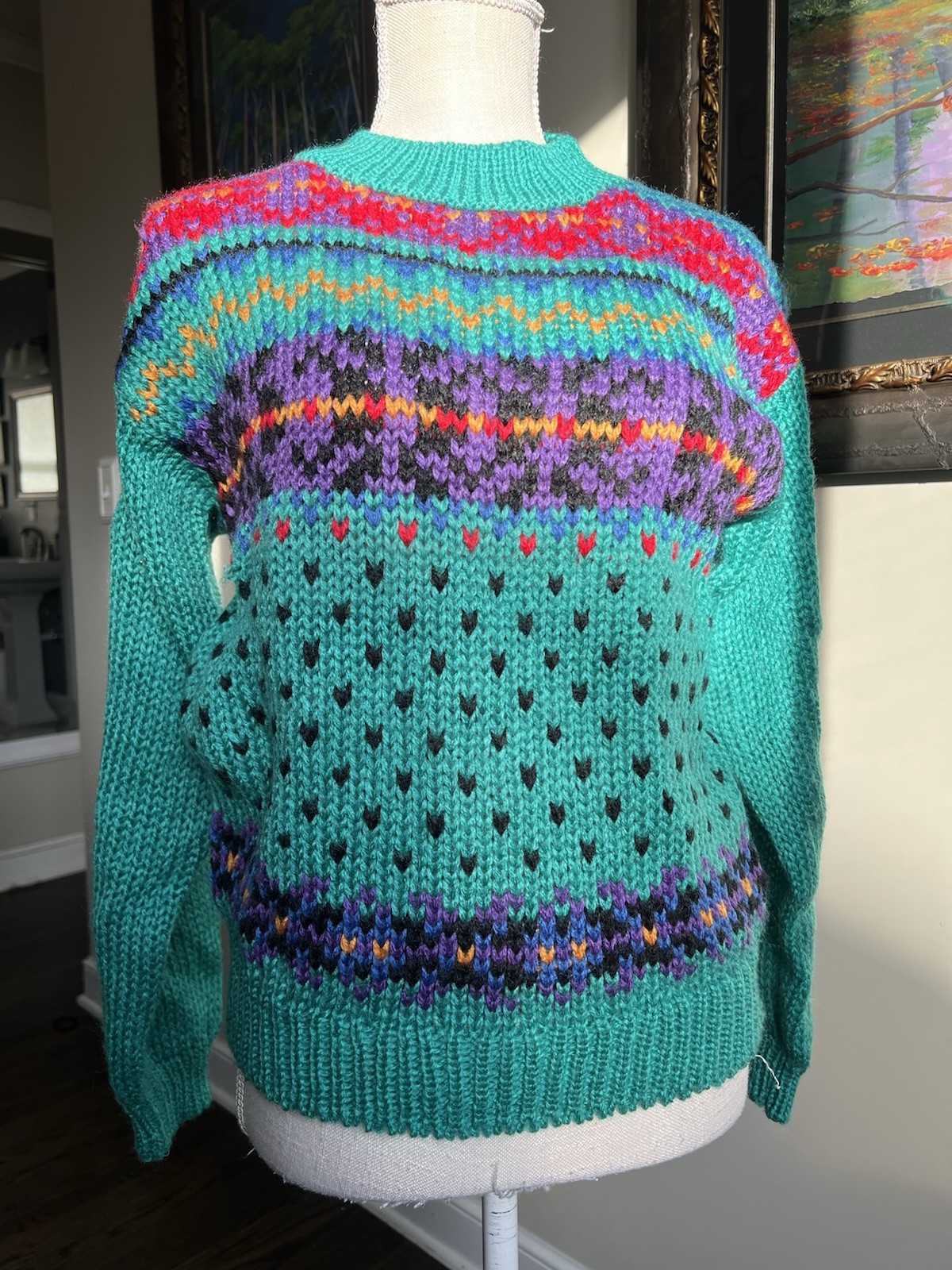 Vintage 1980s/90s JJ Fargo Hand-Knit Wool Sweater – Turquoise & Geometric Size M