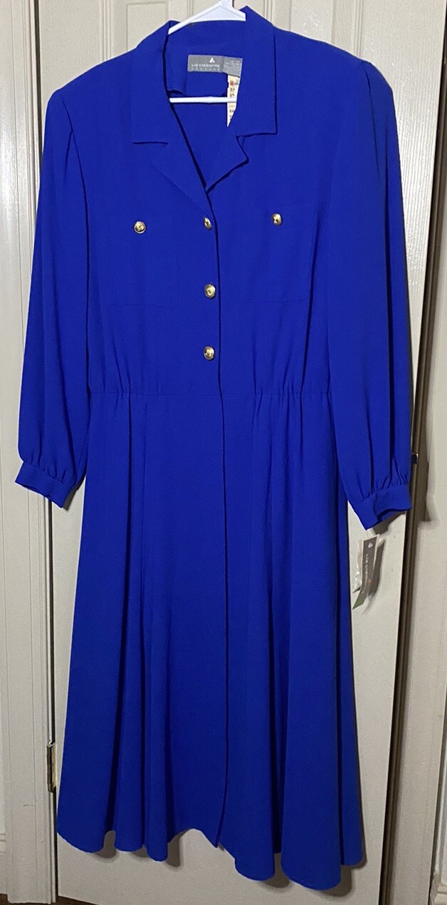 Vintage 80s NEW Liz Claiborne Blue Dress Gold Metal Buttons Shoulder Pads 16 NWT