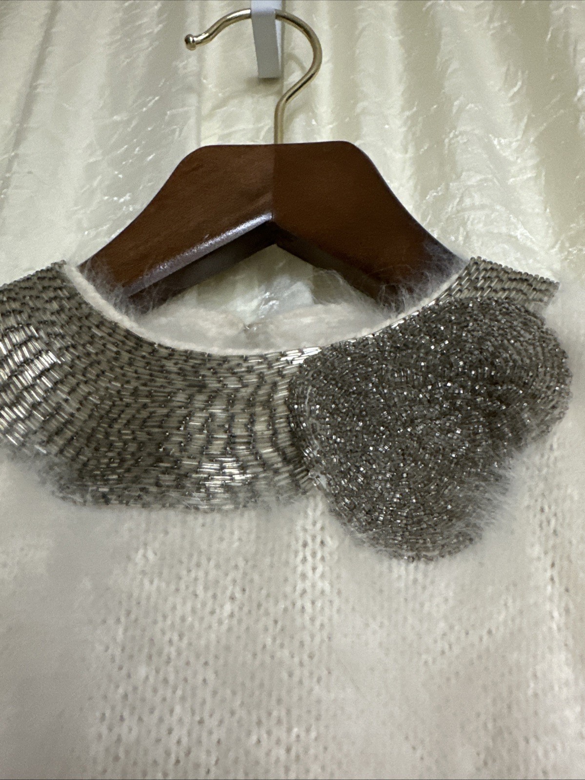 GUCCI VINTAGE 80s White Knit, Sequin Beaded Collar, Angora Sweater SZ S