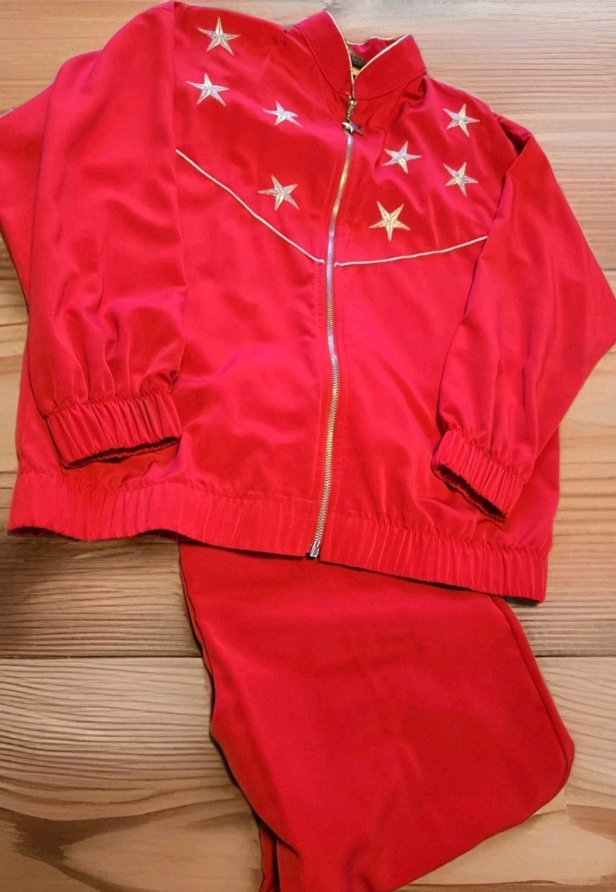 Vintage 80s Silver Threads Star Tracksuit Set USA Deep Rose Red Jacket Pants M/L