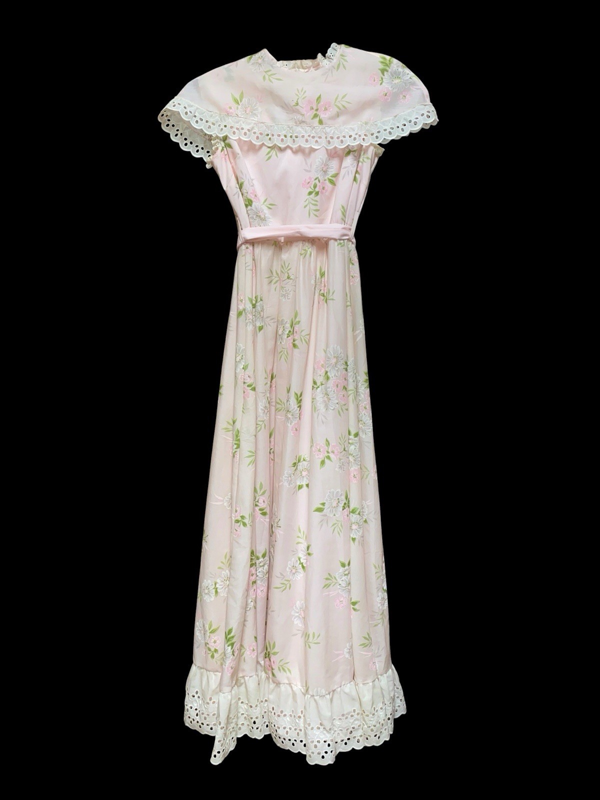 Vtg 1970s Prairie Style Maxi Dress Pink Pastel Floral Lace Sz 12.5