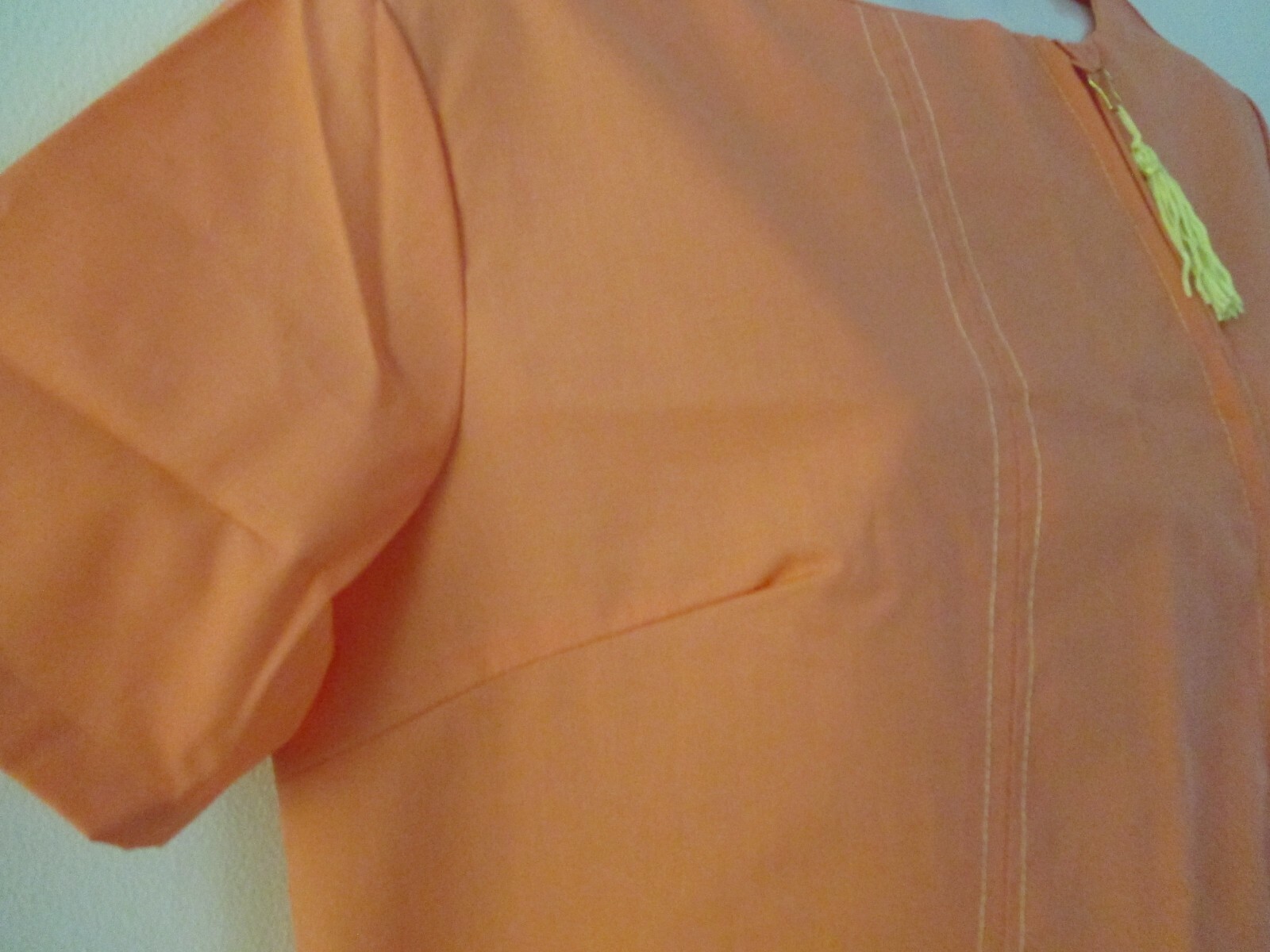 VINTAGE ORANGE HOUSE DRESS ZIP FRONT ORANGE EMBROIDERED POCKETS SZ 14 UNION MADE