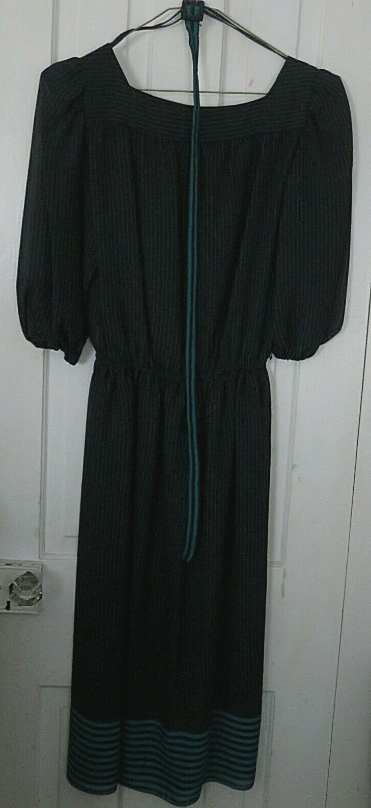 Ladies Vtg BILLY JACK Sheer BLACK STRIPED DRESS ¾ Sleeve Belt Size 11/12 EVC