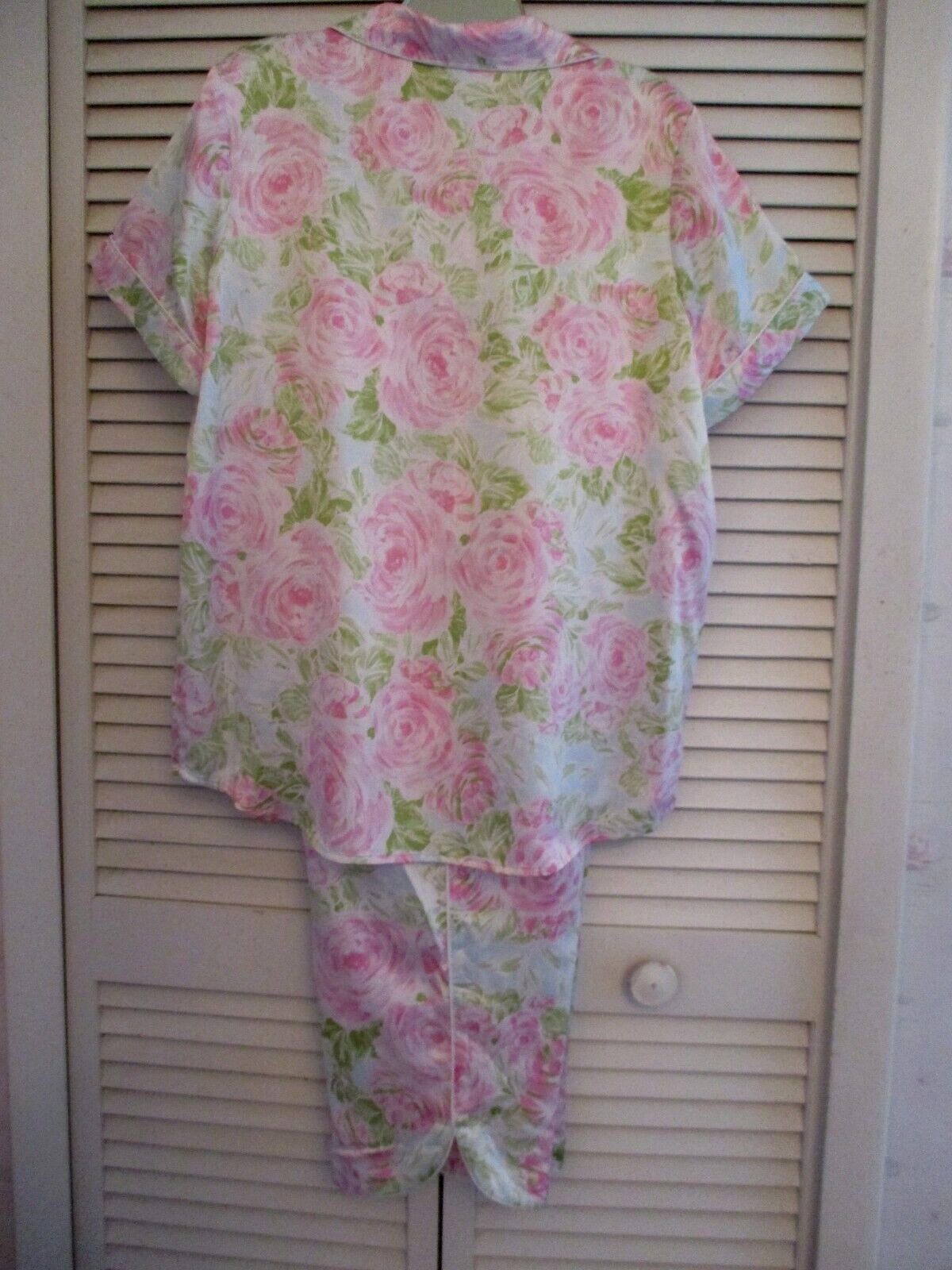 CABERNET 2PC PJ SET SHORT SLVE CROPPED PANTS SILKY SATIN PINK ROSE POLY XL NEW