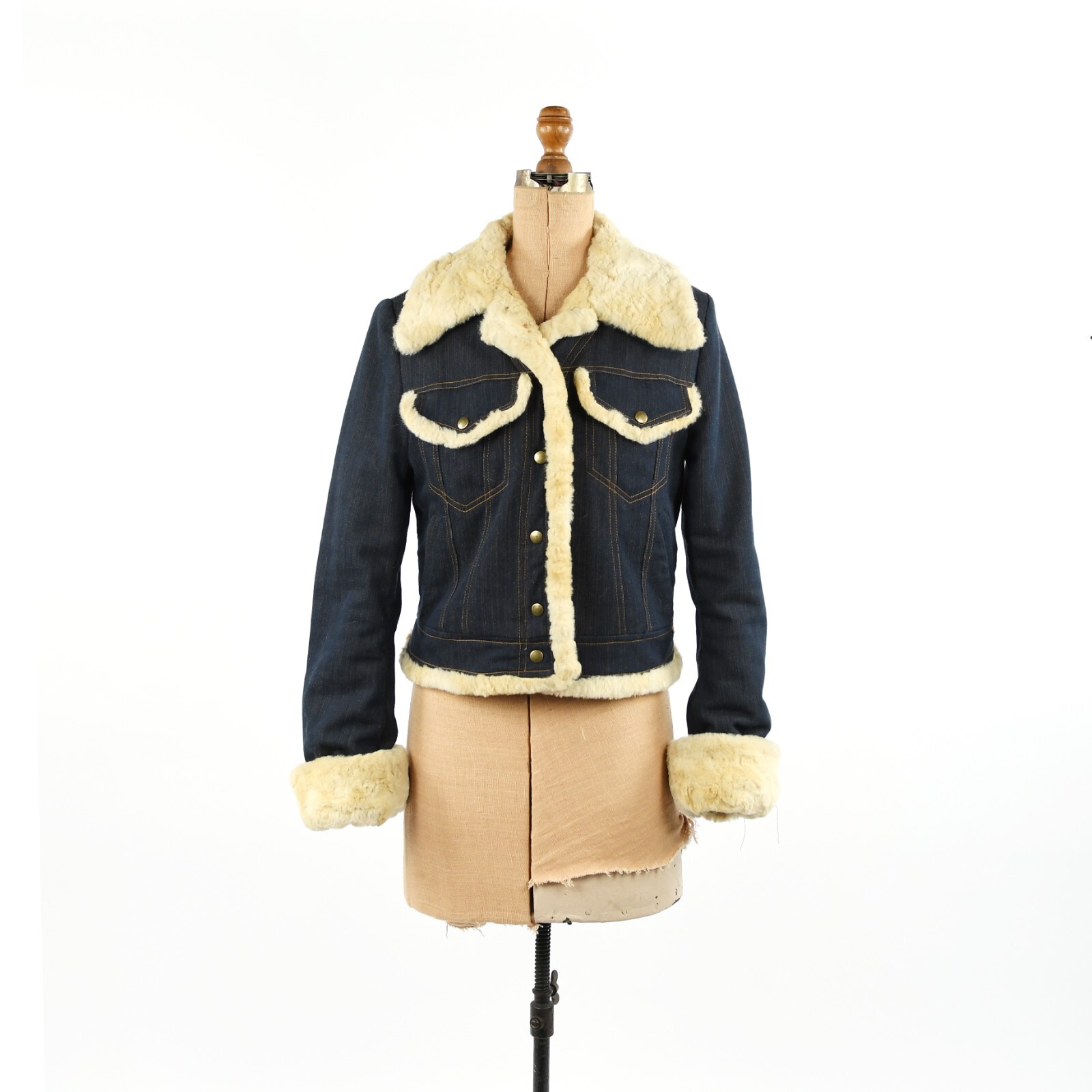 Vintage 90s French Dark Denim Faux Sherpa Princess Trim Bomber Coat Y2K Jacket M
