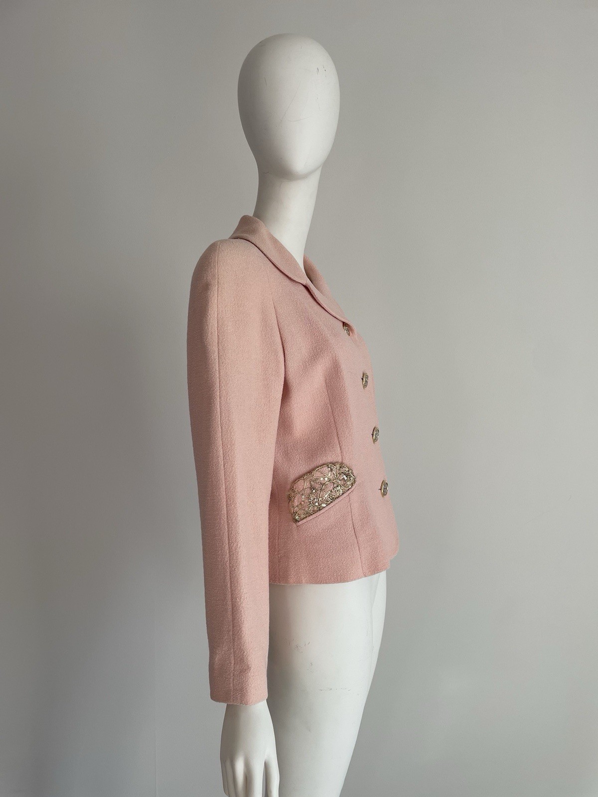 Vintage 1990s Balenciaga Pink Bouclé Jacket Blazer Sequin Gold Silver Size Large