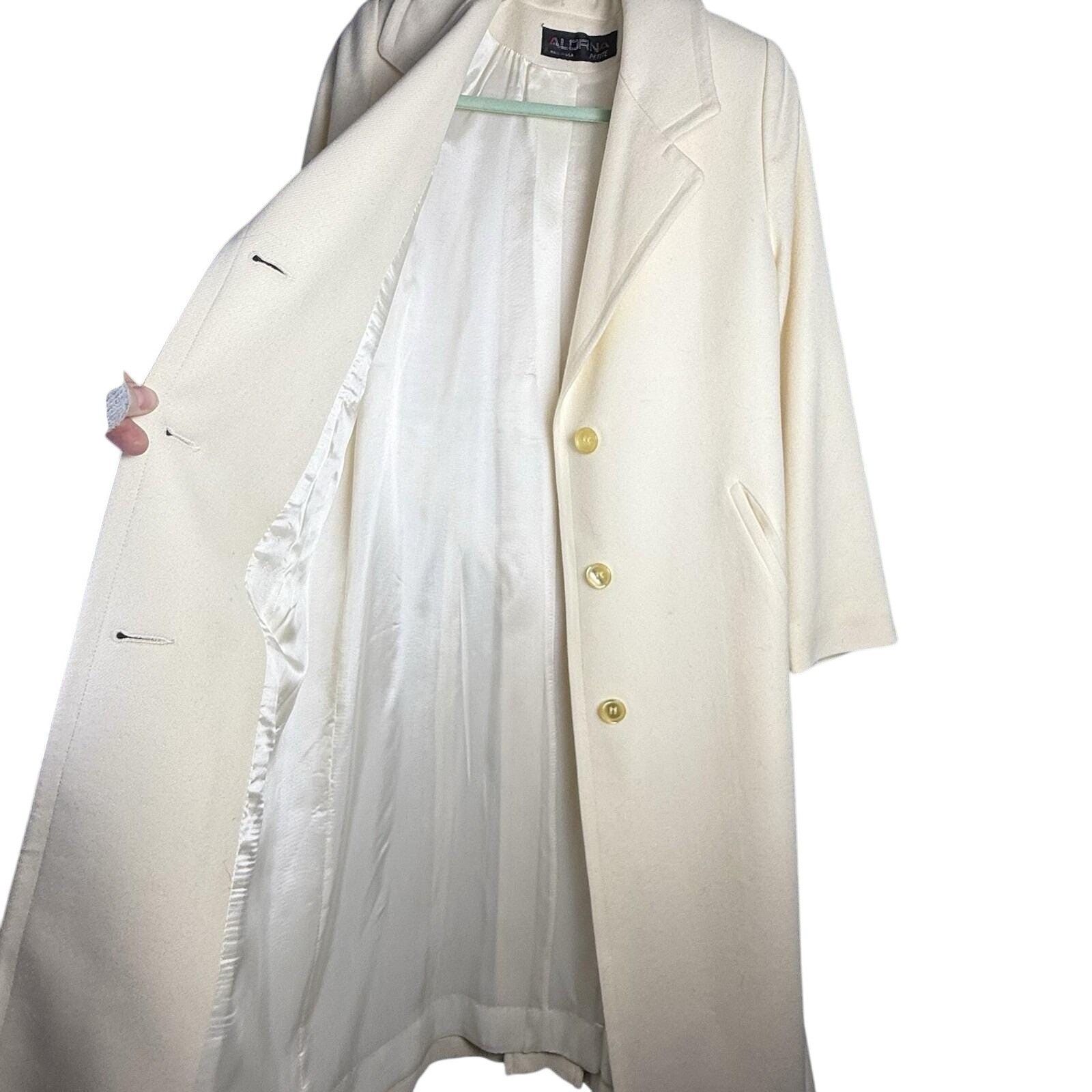 Vintage 80s/90s Alorna 100% Wool Overcoat Long Coat Ivory White MEDIUM/LARGE P