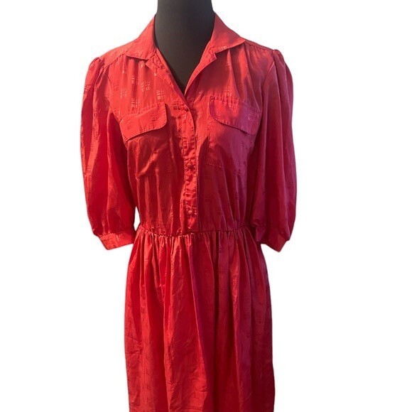 Vintage Sabino women’s red dress 3/4 length sleeves ,collar, button down front