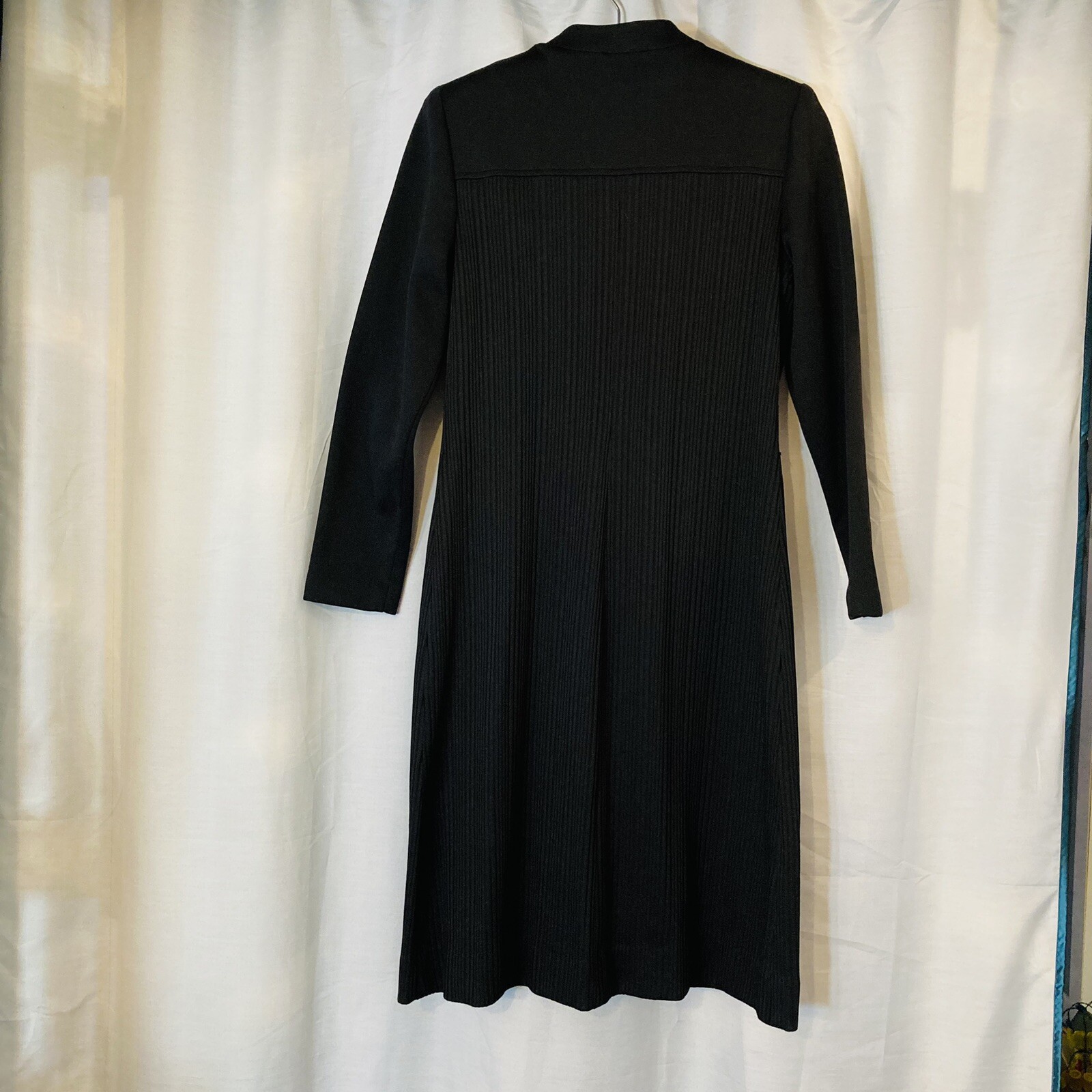Vintage 70’s Black Ribbed Zipper Front Dress Pockets Collared House Hostess L Lg