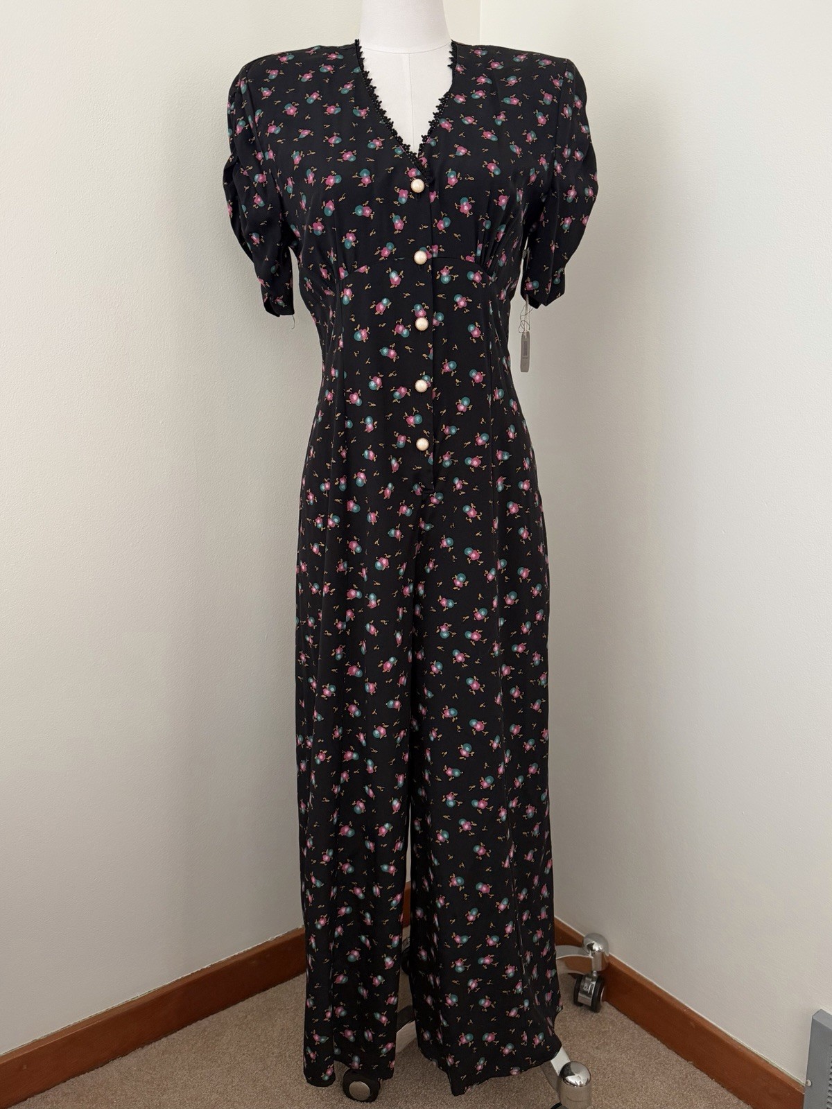 Vintage 80s 90s Black Floral Jumpsuit
