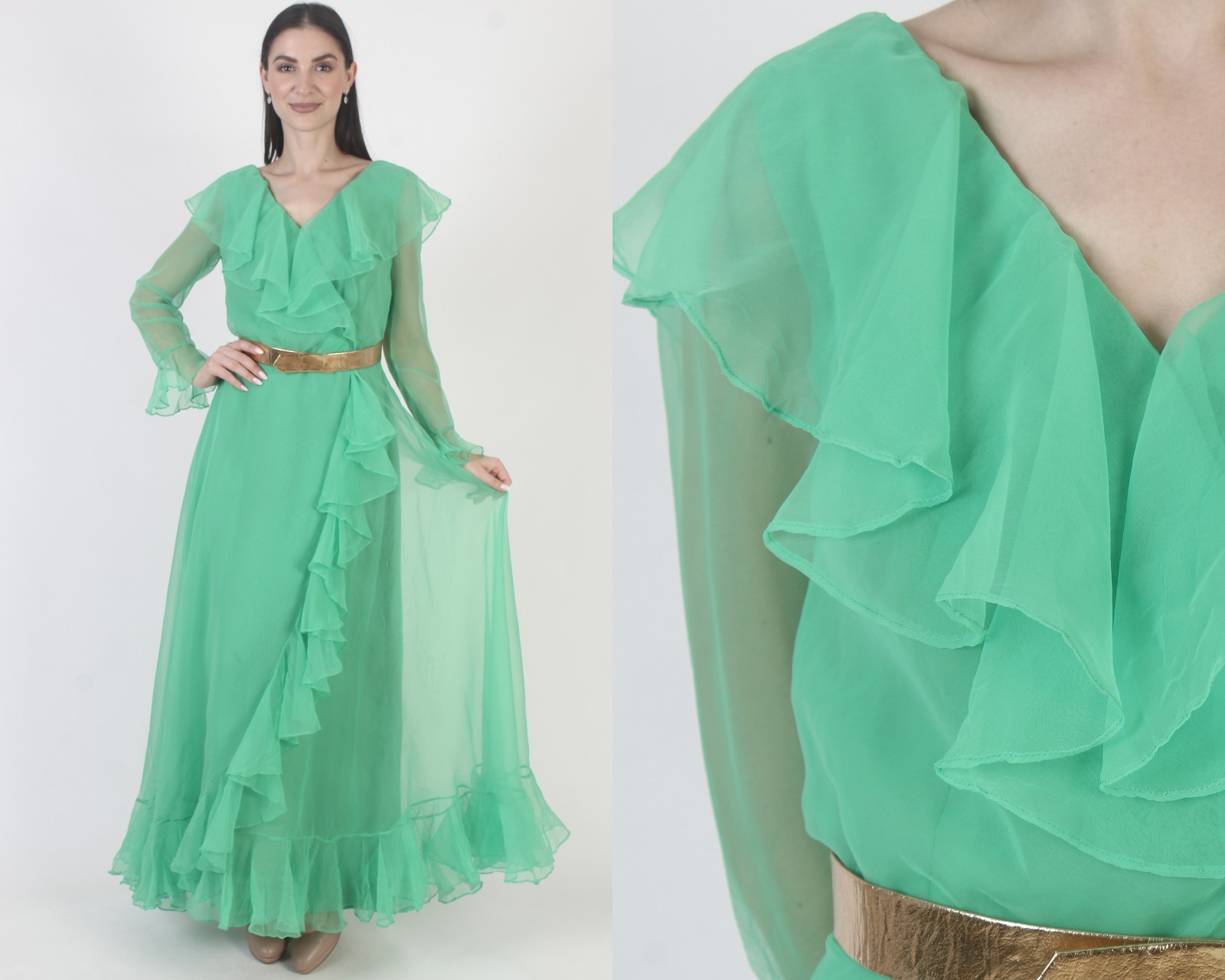 Vtg Green Chiffon Dress Cocktail Party Disco Sexy Grecian Goddess Lounge Maxi