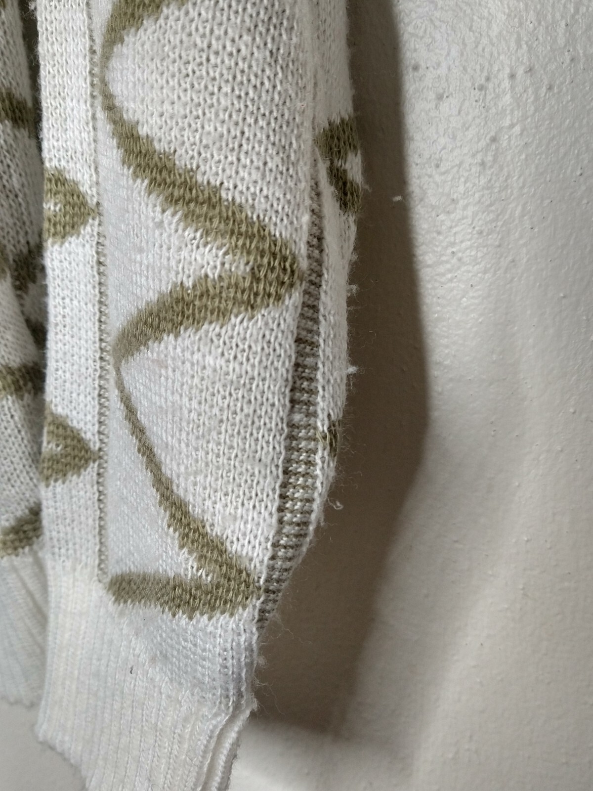 Vtg Acrylic Geometric Sweater Knit Crew Neck 80s 90s S Retro White Tan Preppy