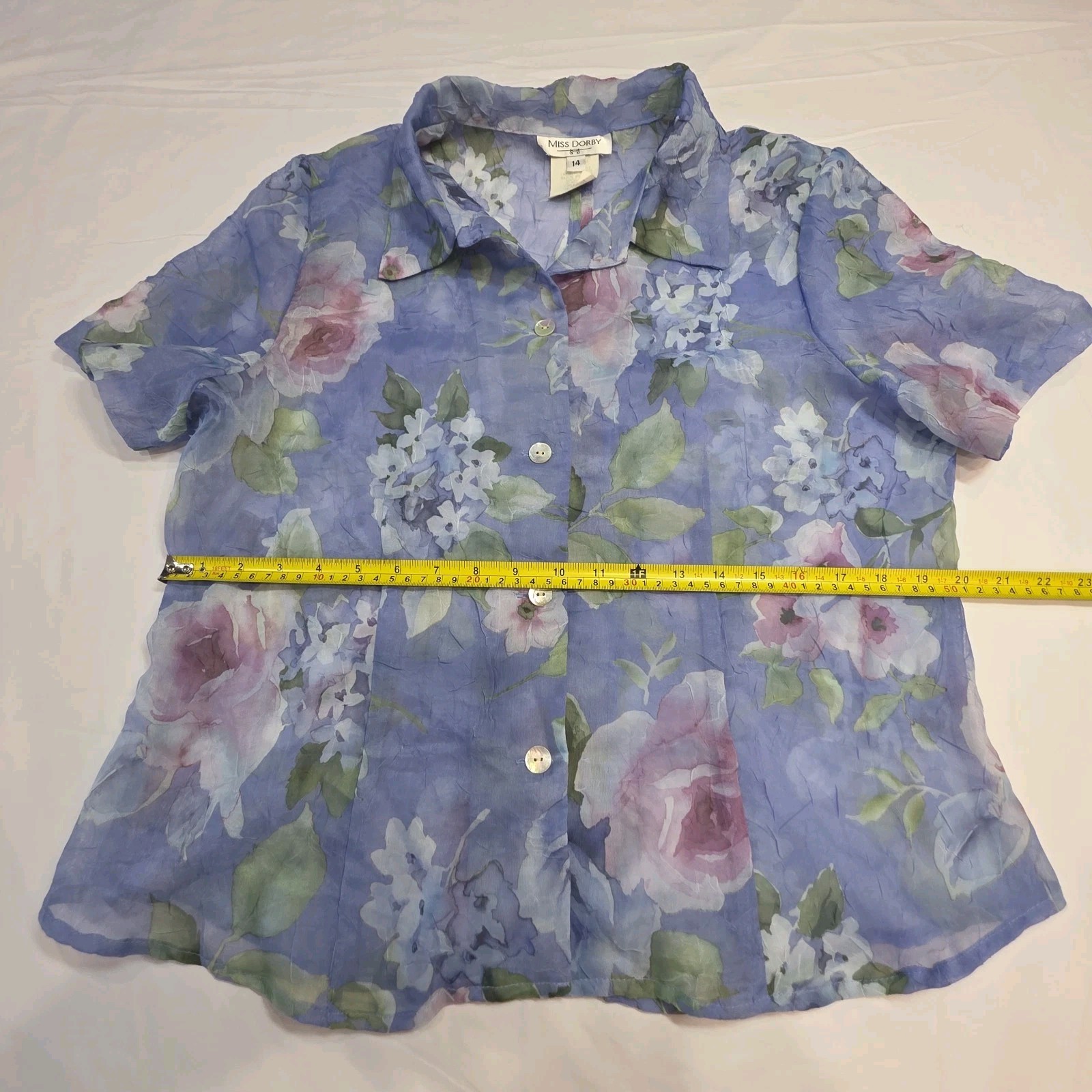Miss Dorby Vtg Size 14 Floral Crinkle Button Up Fly Away Blouse Periwinkle Fairy