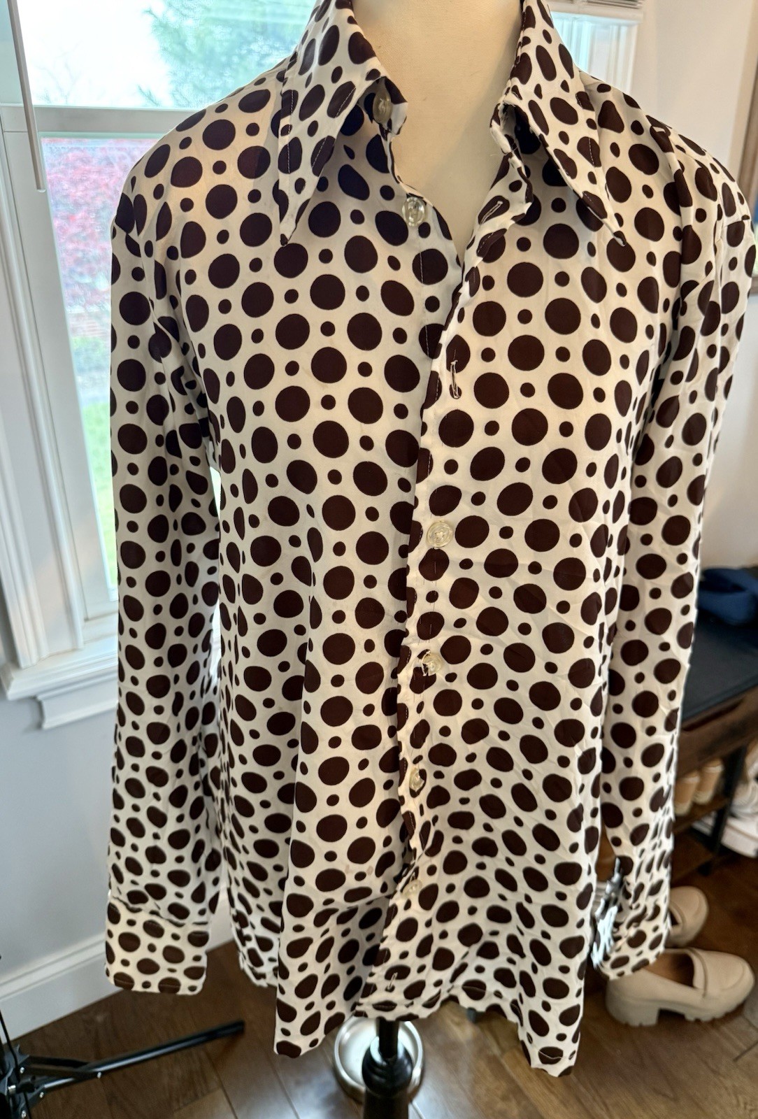 Vintage Givenchy For Chesa Brown Polka Dot Blouse W 70s Lapels Lg Broken Buttons